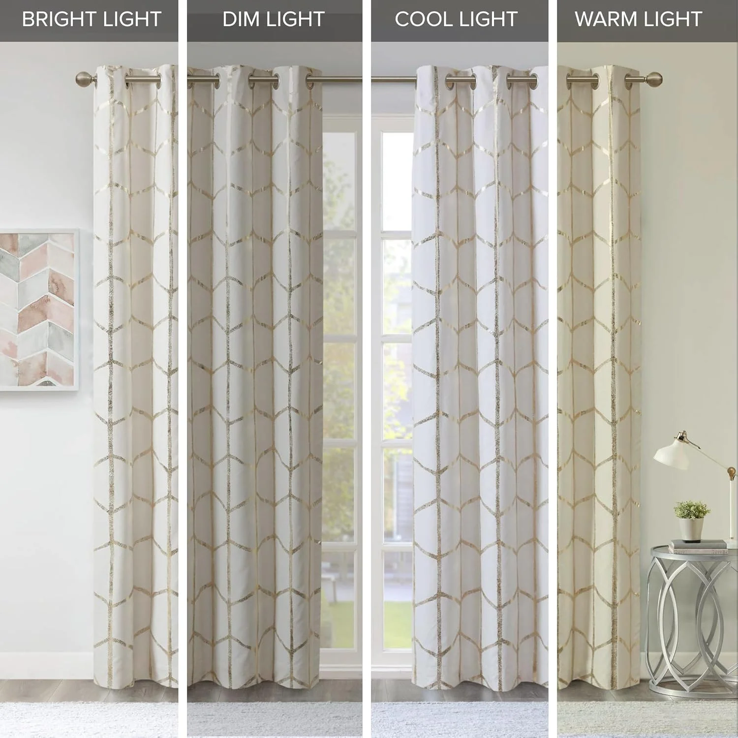 پنل پرده تکی طرحدار متالیک خاموشی کامل Intelligent Design Raina با حلقه، عایق حرارتی و مسدود کننده نور برای اتاق خواب، اتاق نشیمن و خوابگاه، 50x84، عاجی/طلایی 1 عدد پنل پرده تکی طرحدار متالیک خاموشی کامل Intelligent Design Raina با حلقه، عایق حرارتی و مسدود کننده نور برای اتاق خواب، اتاق نشیمن و خوابگاه، 50x84، عاجی/طلایی 1 عدد