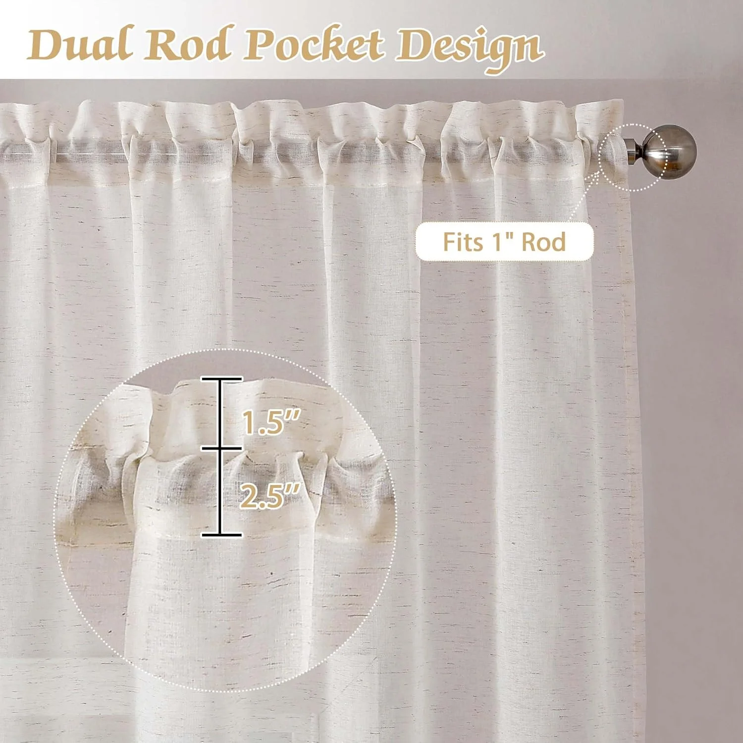 پرده های حریر Lecloud طول 160 سانتی متر، مجموعه 2 پانل، پرده های بافت دار ترکیبی از کتان طبیعی برای اتاق خواب/اتاق نشیمن، پرده های پنجره ای خانه روستایی با جیب میله دوتایی، هر پانل 106 سانتی متر عرض × 160 سانتی متر طول