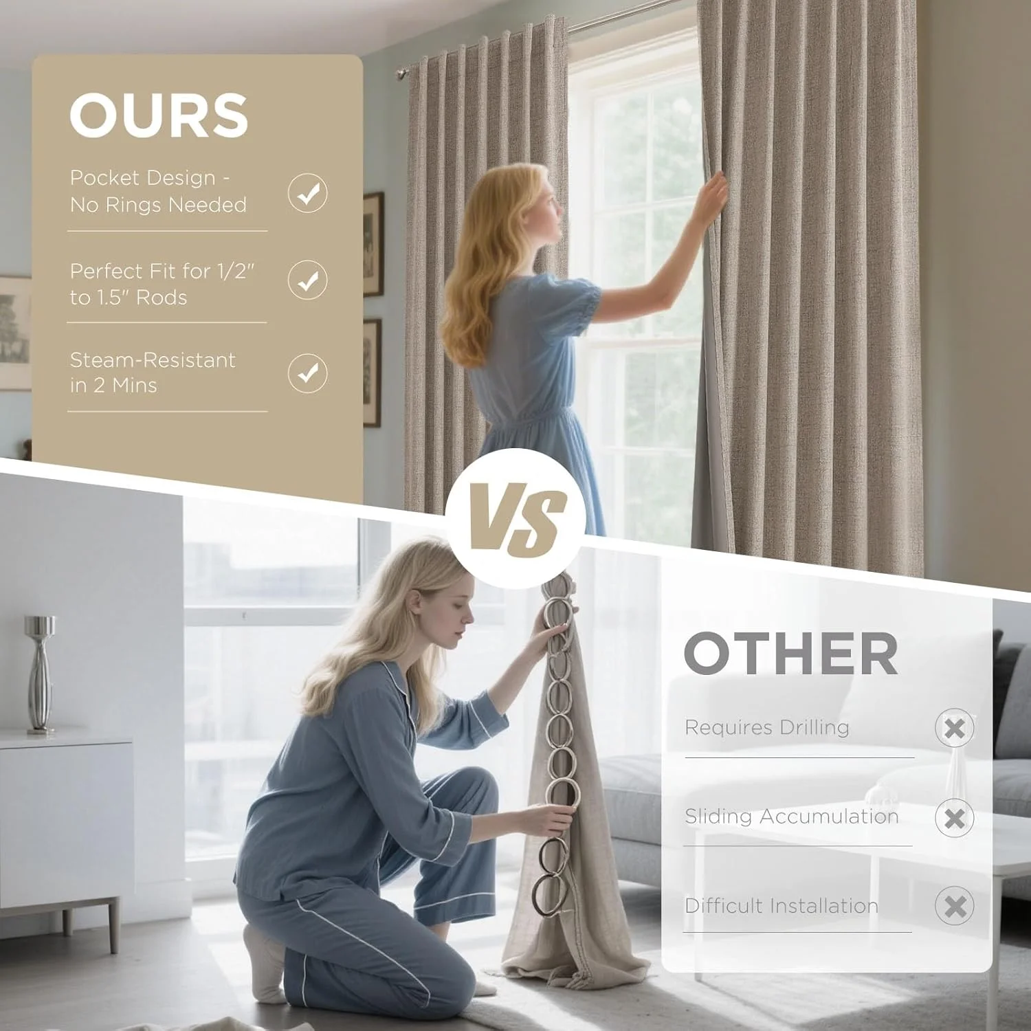 پرده های کتان طبیعی Joydeco طول 213 سانتی متر، مجموعه 2 پانل، رنگ بورگ، پرده های بلند 100% مسدود کننده نور برای اتاق خواب، اتاق نشیمن، پرده تاریک کننده، عایق حرارتی، جیب میله ای زبانه پشتی (132x213 سانتی متر، کتان)