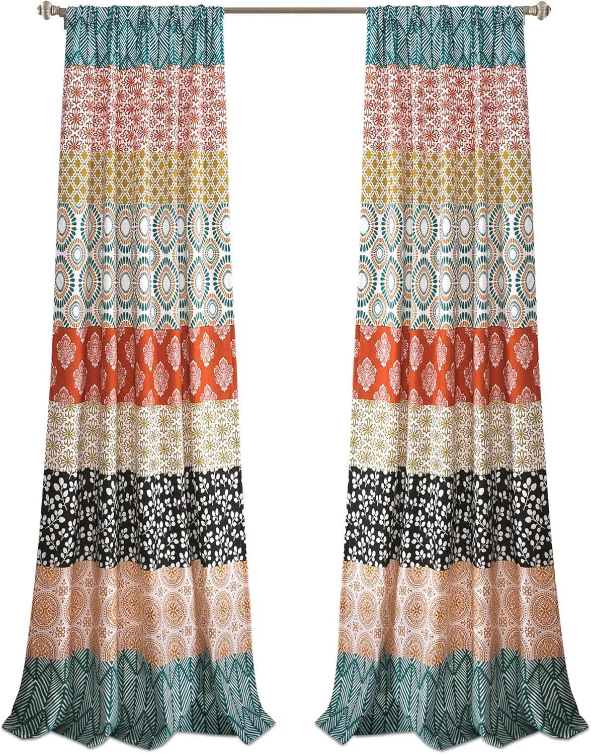 پرده راه راه بوهمی Lush Decor، طرح جسورانه رنگارنگ، دو پنل، عرض 132 سانتی متر در طول 274 سانتی متر، فیروزه ای و نارنجی