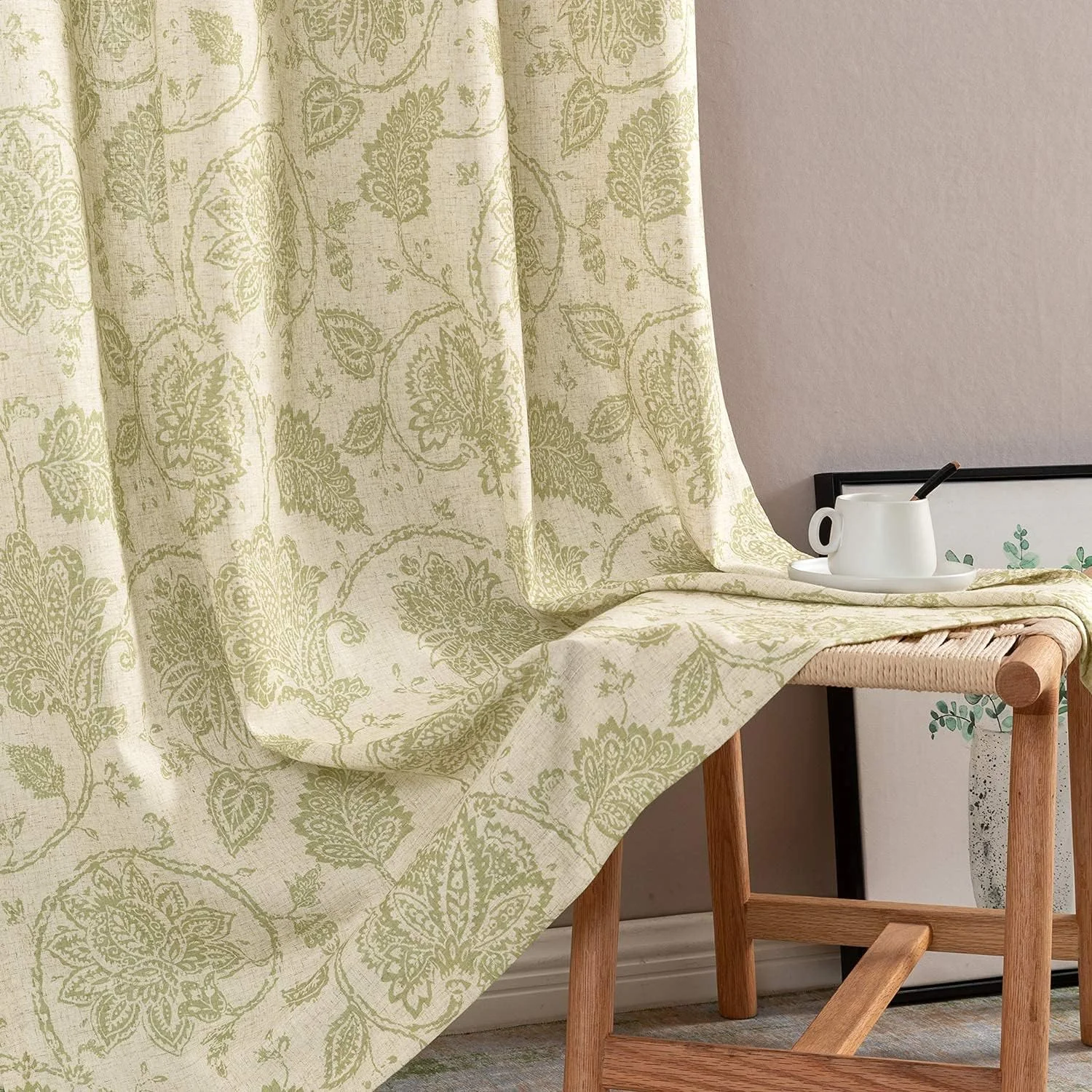 پرده های پنجره/درب طرح گلدار پنبه طبیعی مدرن هومز با پانچ (بسته 2 عددی، سبز مریم گلی، 4.5 فوت در 7 فوت)