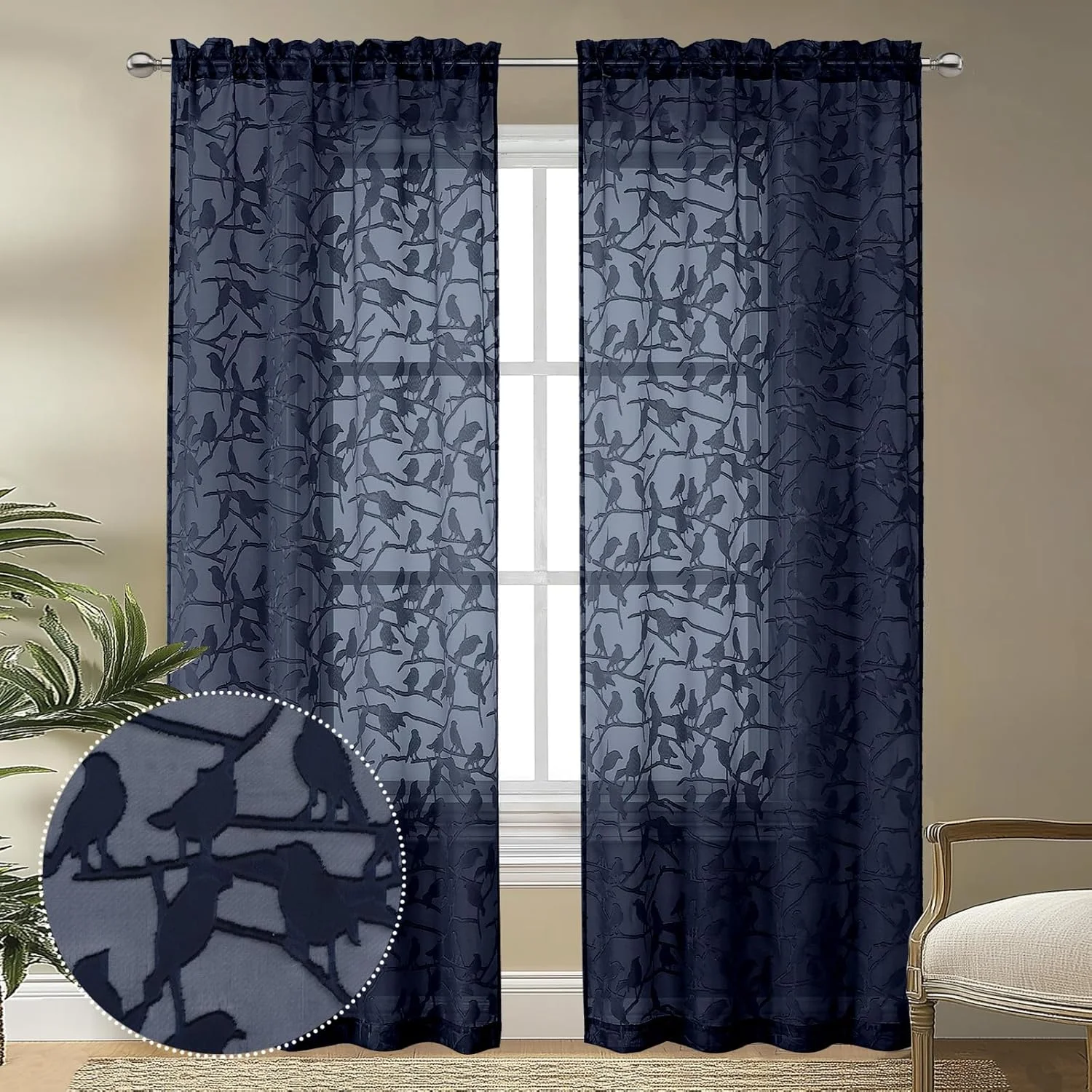 پرده های توری بافت دار OVZME Anji آبی سرمه ای، طول 213 سانتی متر، ست 2 پنل برای اتاق نشیمن، حریم خصوصی نیمه حریر و فیلتر نور، پرده توری ژاکارد ظریف برای اتاق خواب، جیب میله دوتایی، 38Wx84L