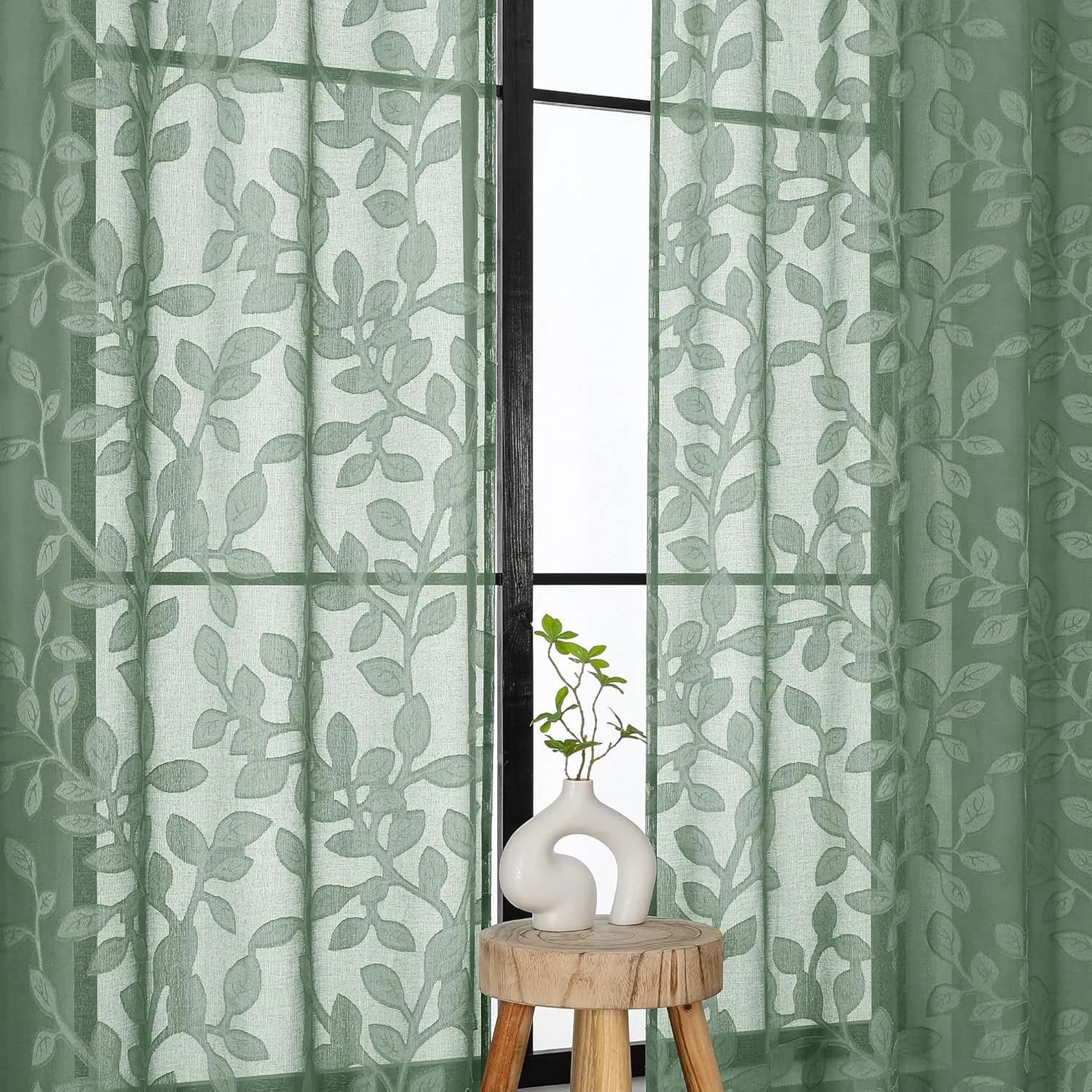 پرده های حریر سبز مریم گلی OVZME، طول 213 سانتی متر، 2 عدد برای اتاق نشیمن، طرح برگ ژاکارد بافت دار، پرده های نیمه حریر توری برای اتاق خواب، هر پنل 106 در 213 سانتی متر