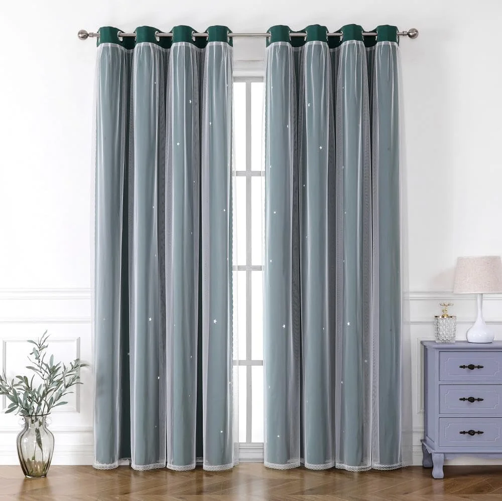 دو عدد پرده پانلی، پرده های توری دار و ضخیم مسدود کننده نور، 150 x 270 سانتی متر، سبز مریم گلی، دارای حلقه