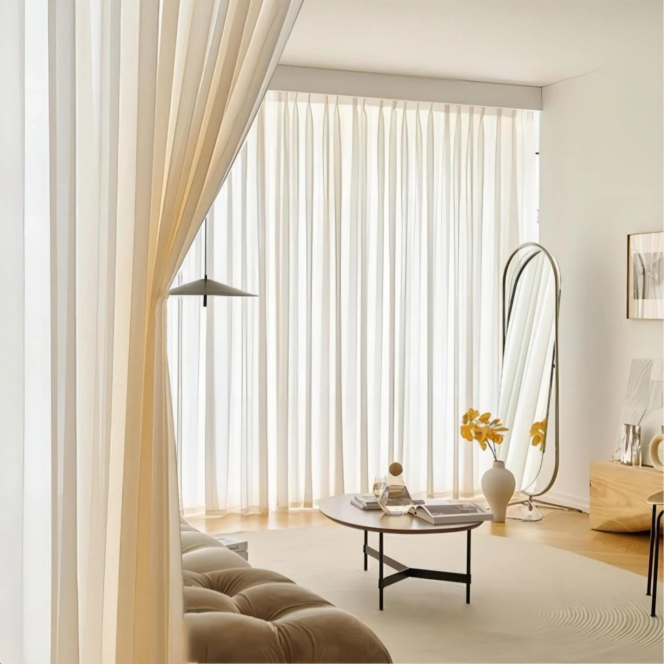 پرده های حریر QBAID مناسب اتاق نشیمن، دکوراسیون پنجره، 2 تکه (عرض 270 x ارتفاع 300 سانتی متر، به همراه گیره، عاجی)