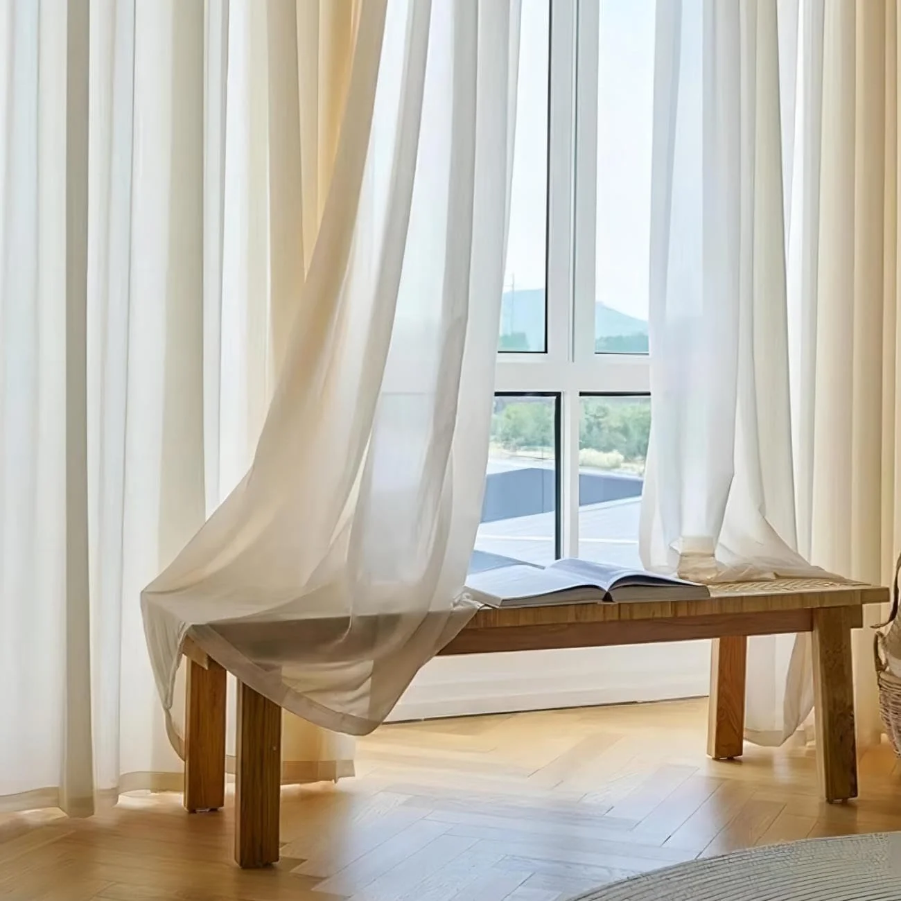 پرده های حریر QBAID مناسب اتاق نشیمن، دکوراسیون پنجره، 2 تکه (عرض 270 x ارتفاع 300 سانتی متر، به همراه گیره، عاجی)