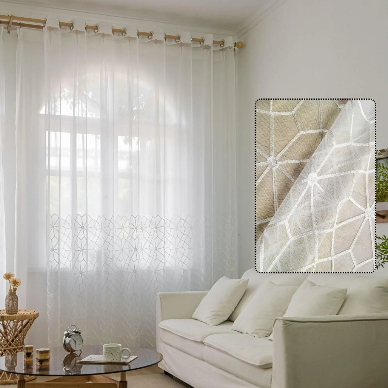 پرده حریر، توری نرم 2 پنل، سفید، L270xW200cm، قلاب دار