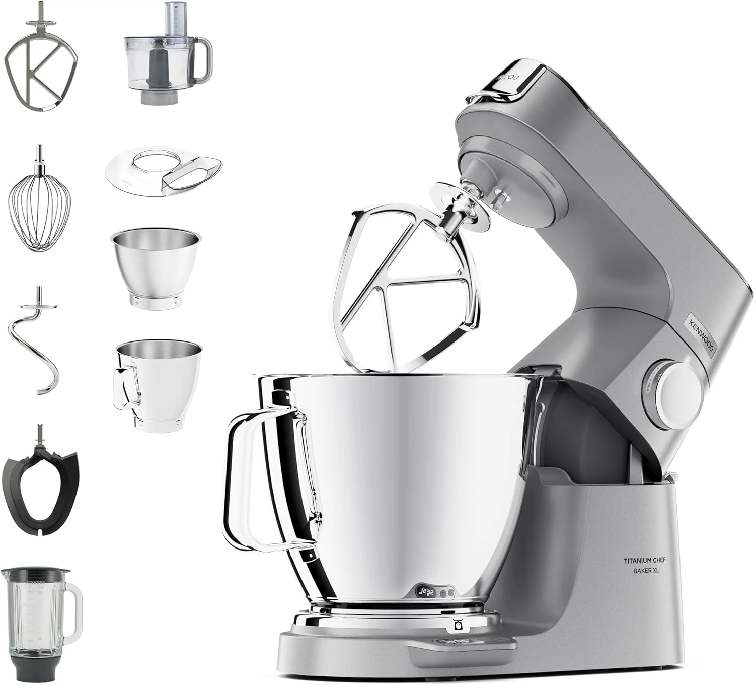 غذاساز کنوود Titanium Chef Baker XL با همزن، خمیرزن، میله و کاسه، 6.7 لیتر، مدل KVL85.424SI، توان 1500 وات، نقره ای
