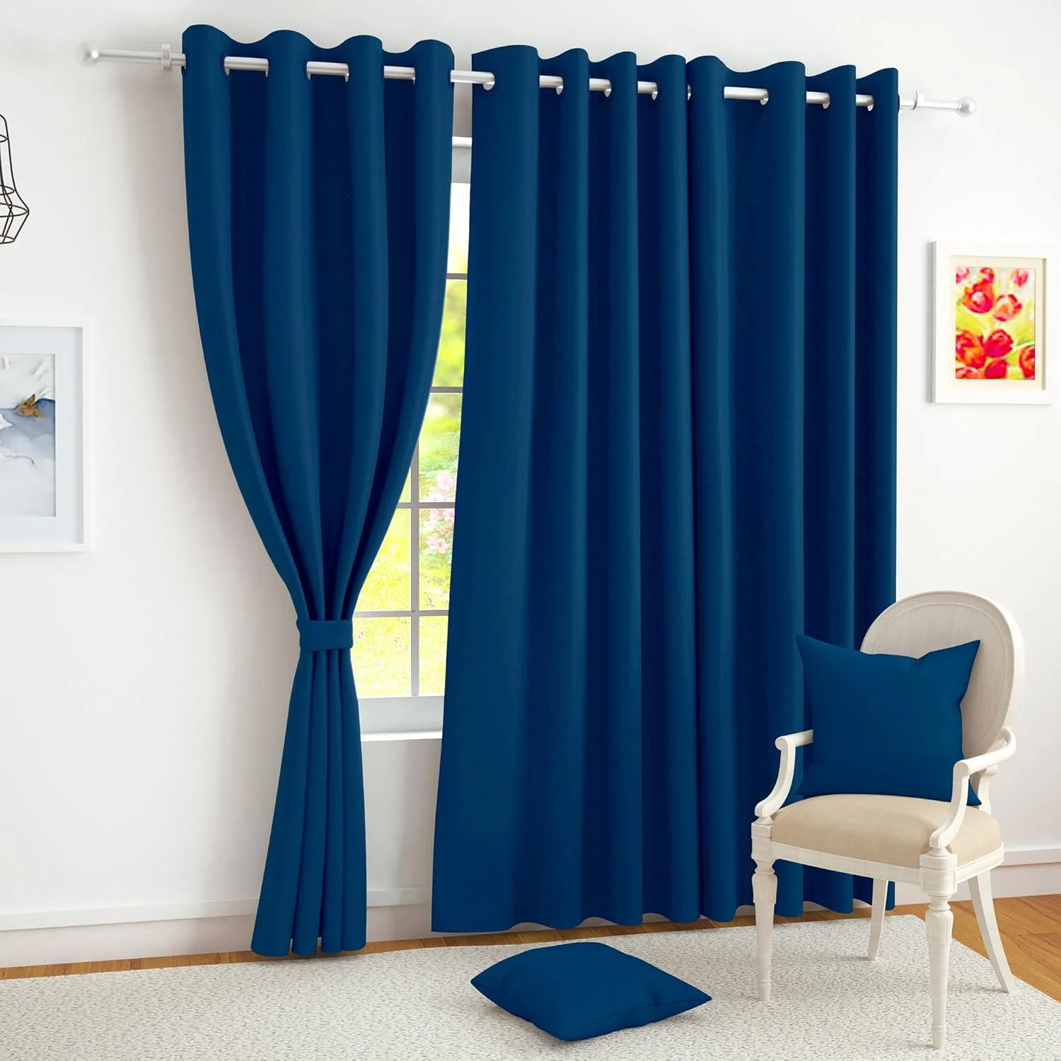 Story@Home Blackout Curtains, for Living/Bedroom. Premium Faux Silk, Rich Polyester. Light Blocking, Thermal Insulation, Noise Reduction. Grommet. Solid Blue, 2 Panels, 215cm/7ft