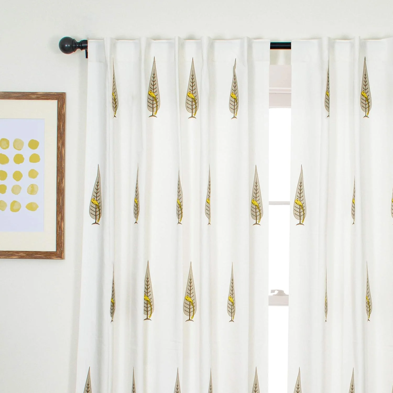 پرده های نخی خالص Tranquebar Curtain Co. برای پنجره، 60-65% تاریک کننده اتاق، طرح پرنده قومی (توری: زرد و قهوه ای جو دوسر) - 5 فوت، ست 2 عددی (طول 152 سانتی متر) - با زبانه پشتی