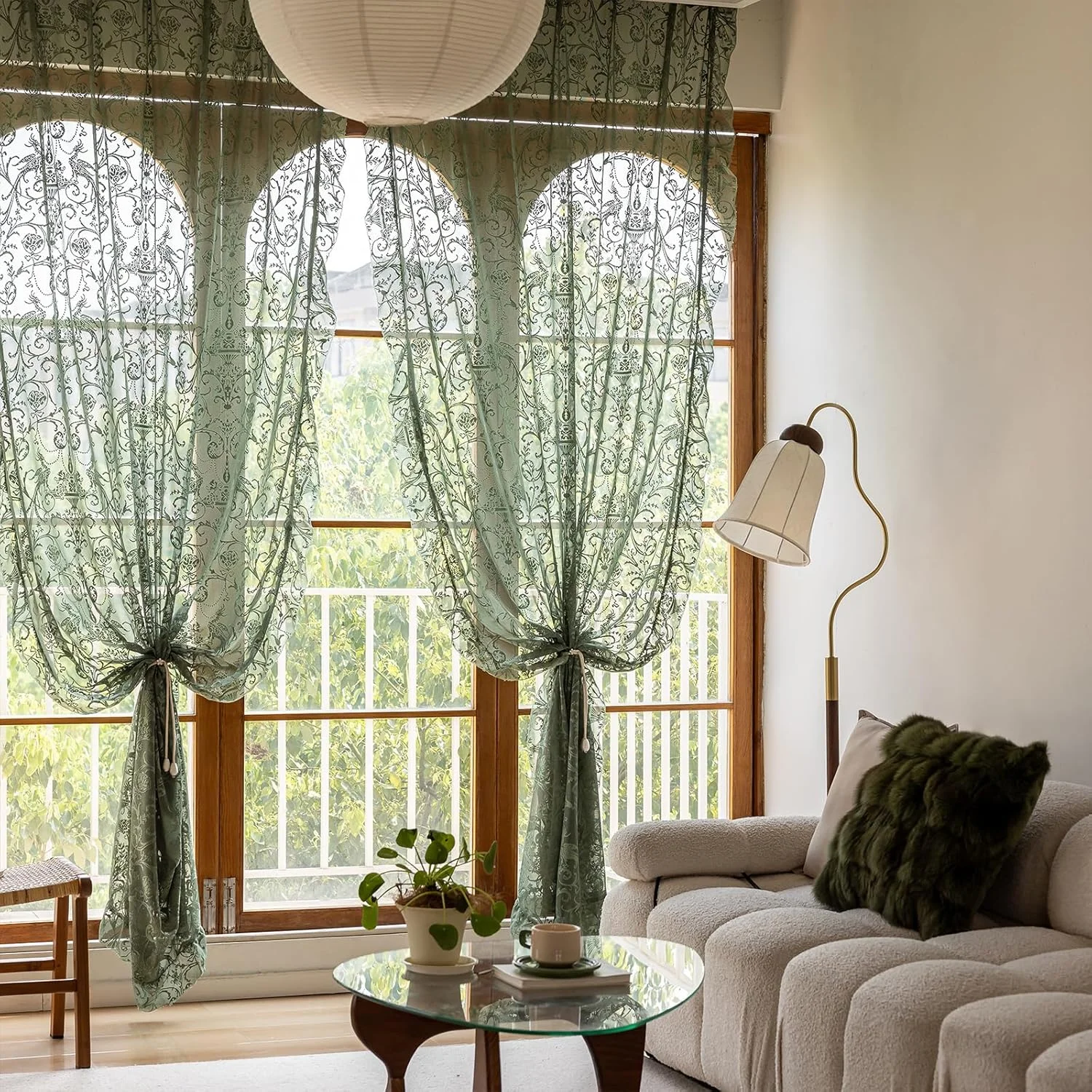 پرده های توری سبز TUDECO به طول 108 اینچ برای اتاق نشیمن - پرده های توری گلدار و چین دار شیک و فرسوده، پرده های بافتنی زیبا با جیب میله ای، زمردی سبز بهاری/تابستانی، 1 جفت، 59 x 108 اینچ