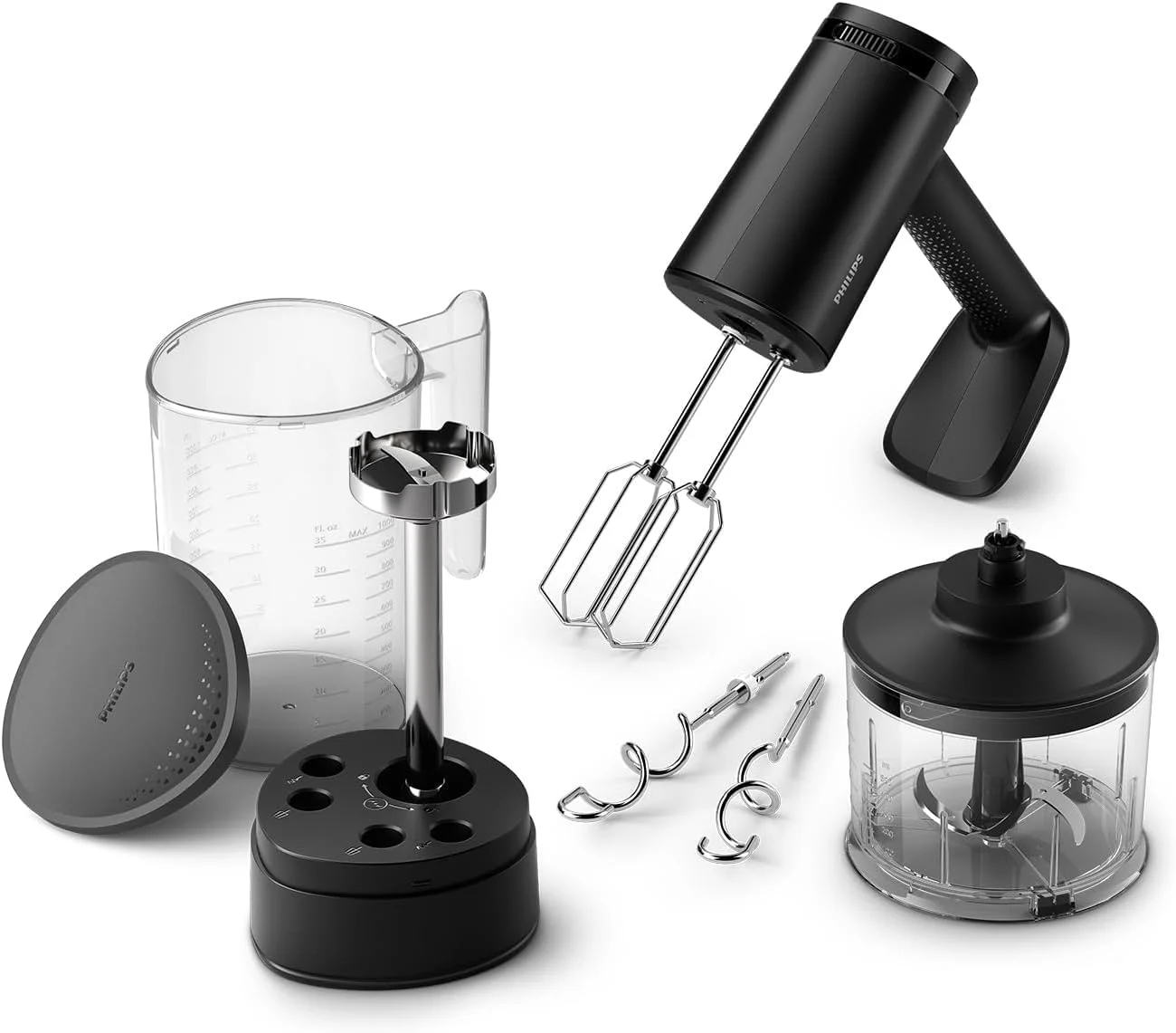 مخلوط کن دستی Philips Versuni سری 5000، مخلوط کن دستی 3 در 1، موتور قدرتمند (500 وات)، فنجان نگهداری هوشمند، 5 تنظیم سرعت، محافظت ضد پاشش، مشکی (HR3781/20)