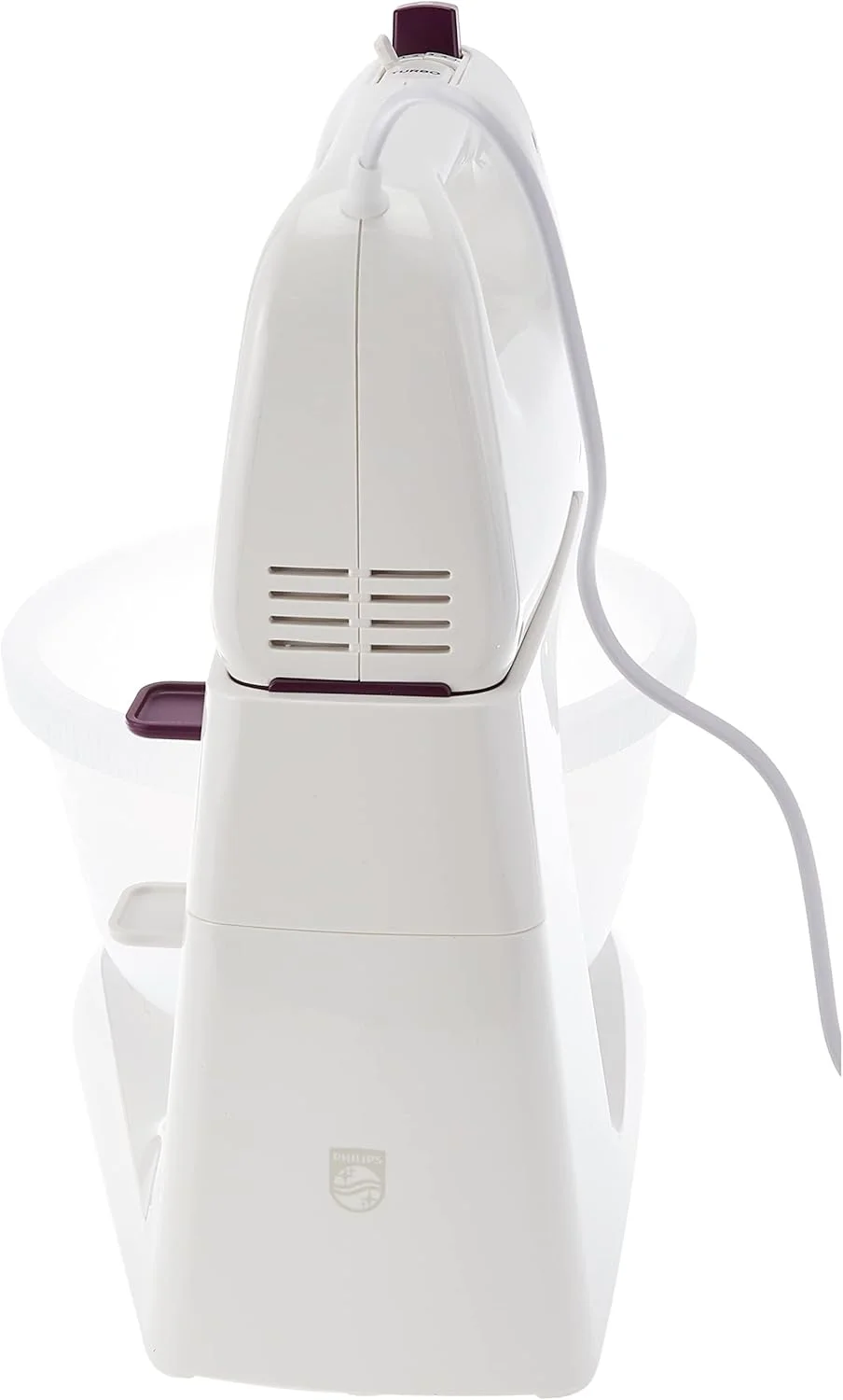 مخلوط کن فیلیپس - 400 وات - کاسه 3 لیتری، همزن دو بالونه، ابزار ورز دادن، 5 سرعت + توربو، سفید/بنفش - HR3745/11