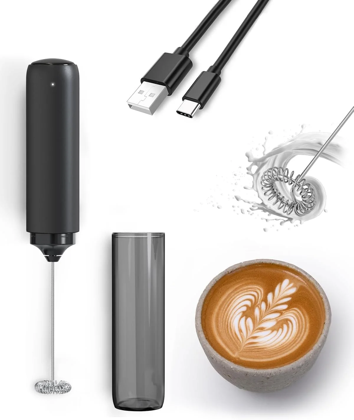 همزن شیر شارژی USB-C، فوم ساز برقی دستی با ویسک، میکسر خامه قابل حمل با باتری برای قهوه، لاته، ماچا، شکلات داغ، تمیز کردن آسان و مناسب برای مسافرت