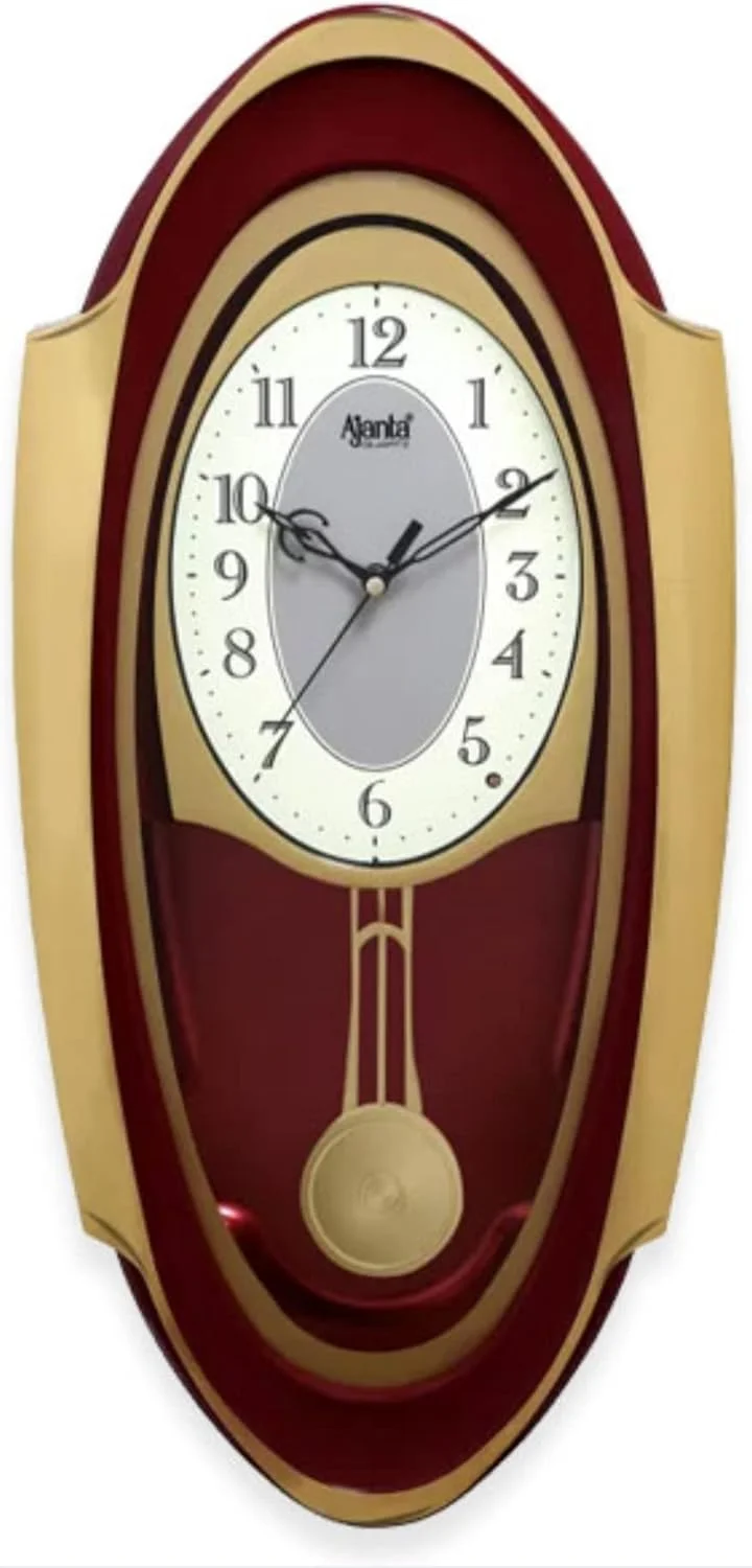 ساعت دیواری پاندول دار موزیکال آجانتا مدل 1627 قرمز – موتور کوارتز | ملودی های ساعتی و پاندول متحرک | طراحی بیضی شکل زیبا | 50.7 x 24.9 سانتی متر