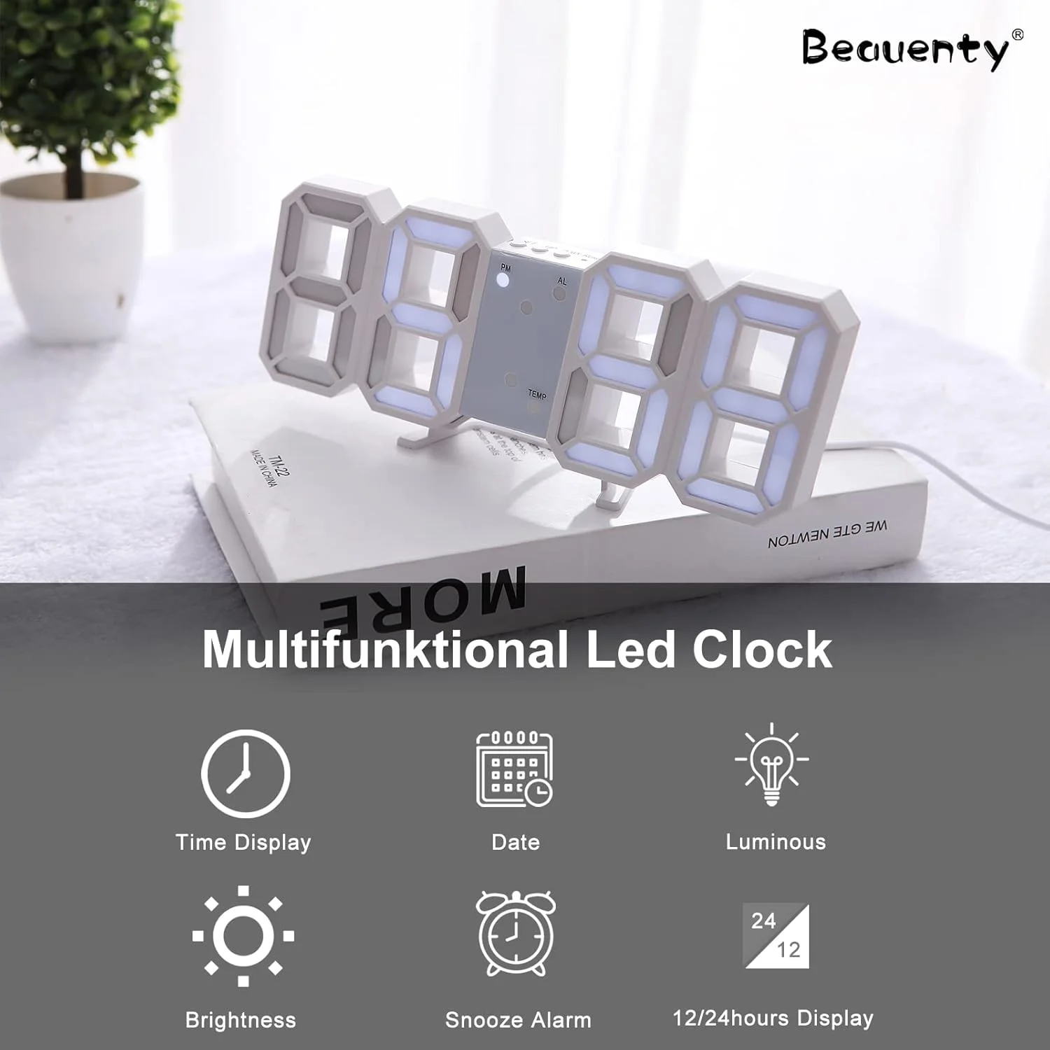 ساعت زنگ دار دیجیتال LED سه بعدی Beauenty، ساعت رومیزی دیواری مدرن چند منظوره با قابلیت تنظیم روشنایی و نمایش دما برای اتاق خواب، دفتر کار و منزل (سفید) ساعت زنگ دار دیجیتال LED سه بعدی Beauenty، ساعت رومیزی دیواری مدرن چند منظوره با قابلیت تنظیم روشنایی و نمایش دما برای اتاق خواب، دفتر کار و منزل (سفید)