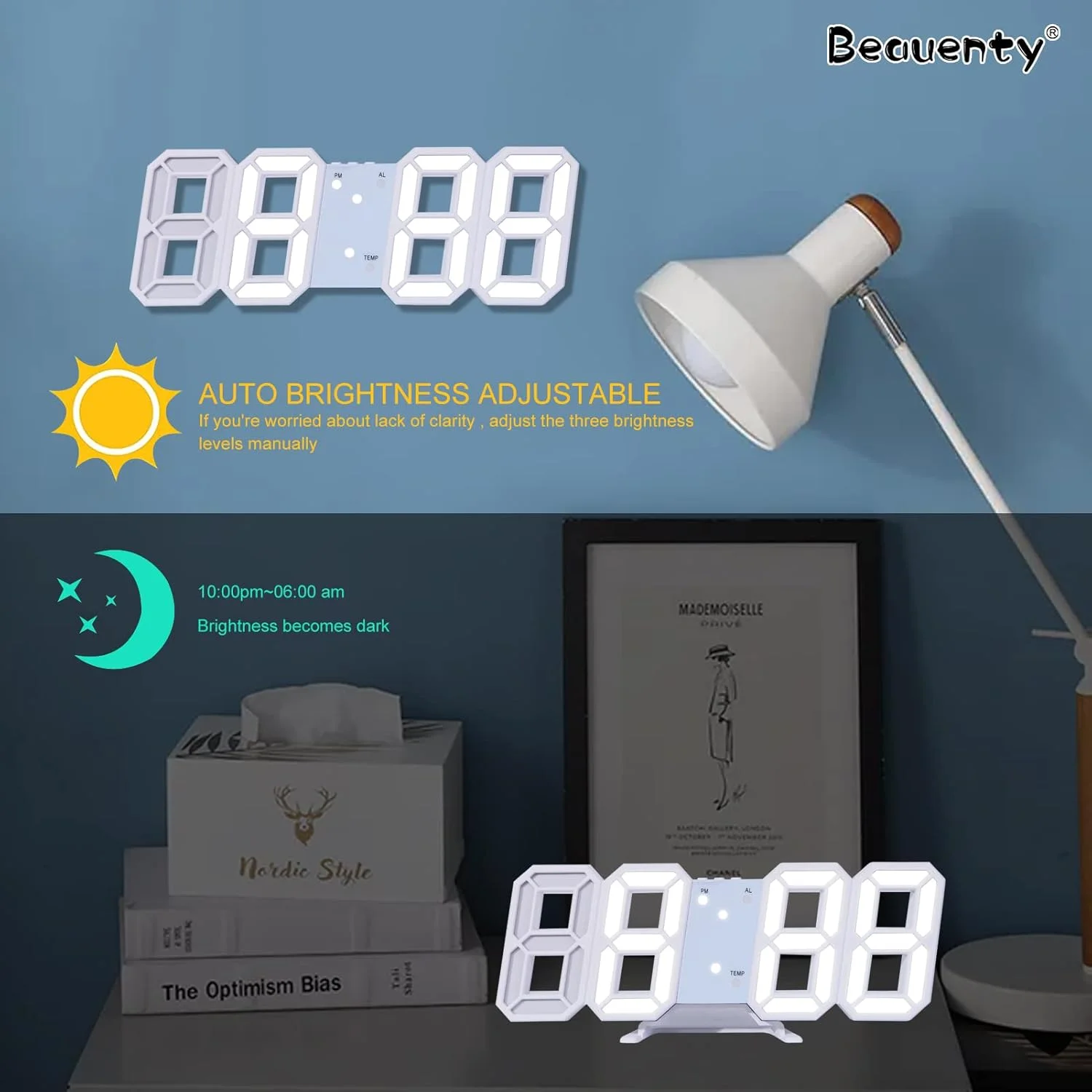 ساعت زنگ دار دیجیتال LED سه بعدی Beauenty، ساعت رومیزی دیواری مدرن چند منظوره با قابلیت تنظیم روشنایی و نمایش دما برای اتاق خواب، دفتر کار و منزل (سفید) ساعت زنگ دار دیجیتال LED سه بعدی Beauenty، ساعت رومیزی دیواری مدرن چند منظوره با قابلیت تنظیم روشنایی و نمایش دما برای اتاق خواب، دفتر کار و منزل (سفید)