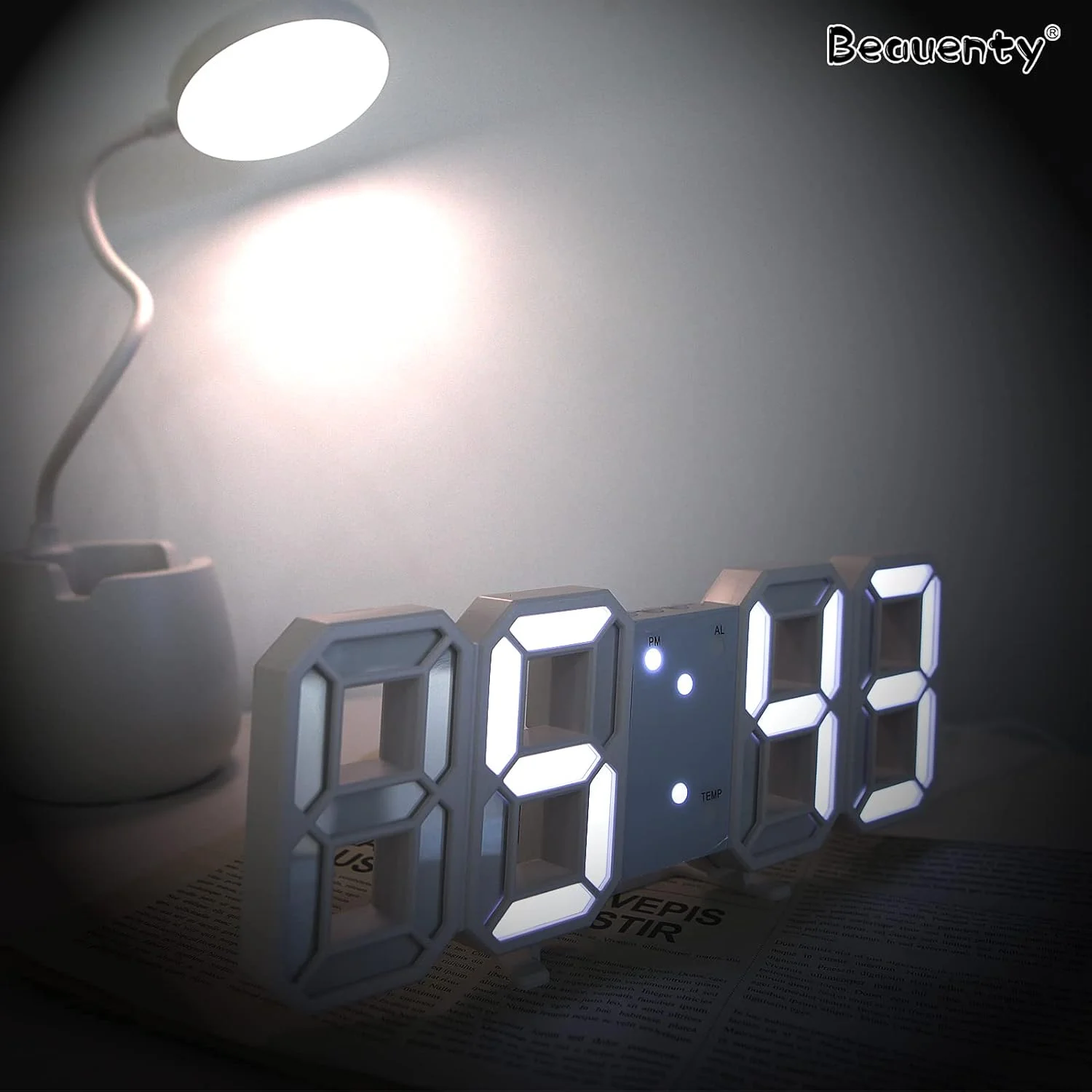 ساعت زنگ دار دیجیتال LED سه بعدی Beauenty، ساعت رومیزی دیواری مدرن چند منظوره با قابلیت تنظیم روشنایی و نمایش دما برای اتاق خواب، دفتر کار و منزل (سفید) ساعت زنگ دار دیجیتال LED سه بعدی Beauenty، ساعت رومیزی دیواری مدرن چند منظوره با قابلیت تنظیم روشنایی و نمایش دما برای اتاق خواب، دفتر کار و منزل (سفید)