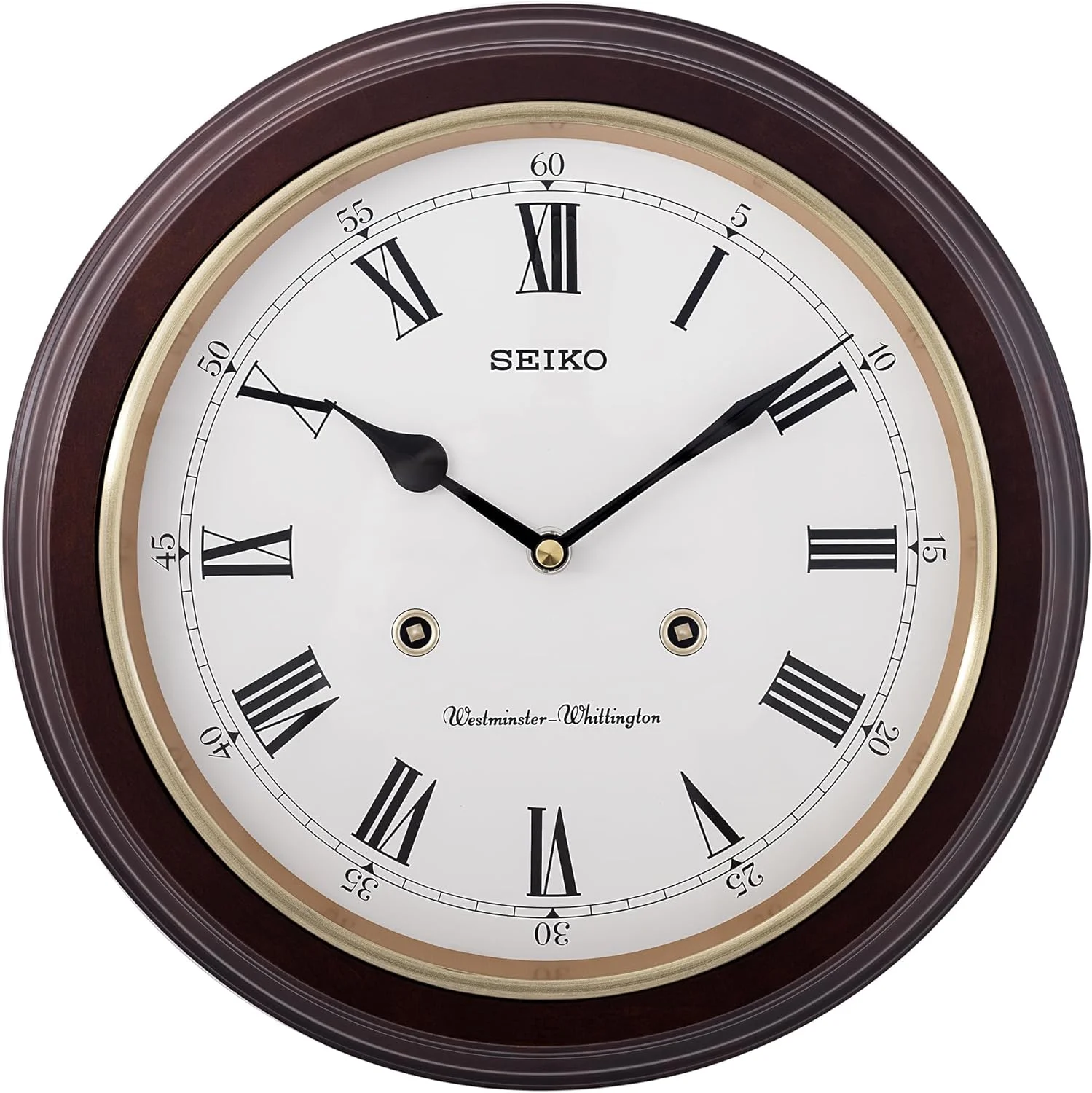 ساعت دیواری چوبی آنالوگ قهوه ای SEIKO با اعداد رومی گرد، زنگ های ساعتی و موسیقی (اندازه: 31.4 x 6.1 x 31.4 سانتی متر | وزن: 1250 گرم) مدل QXH202BN