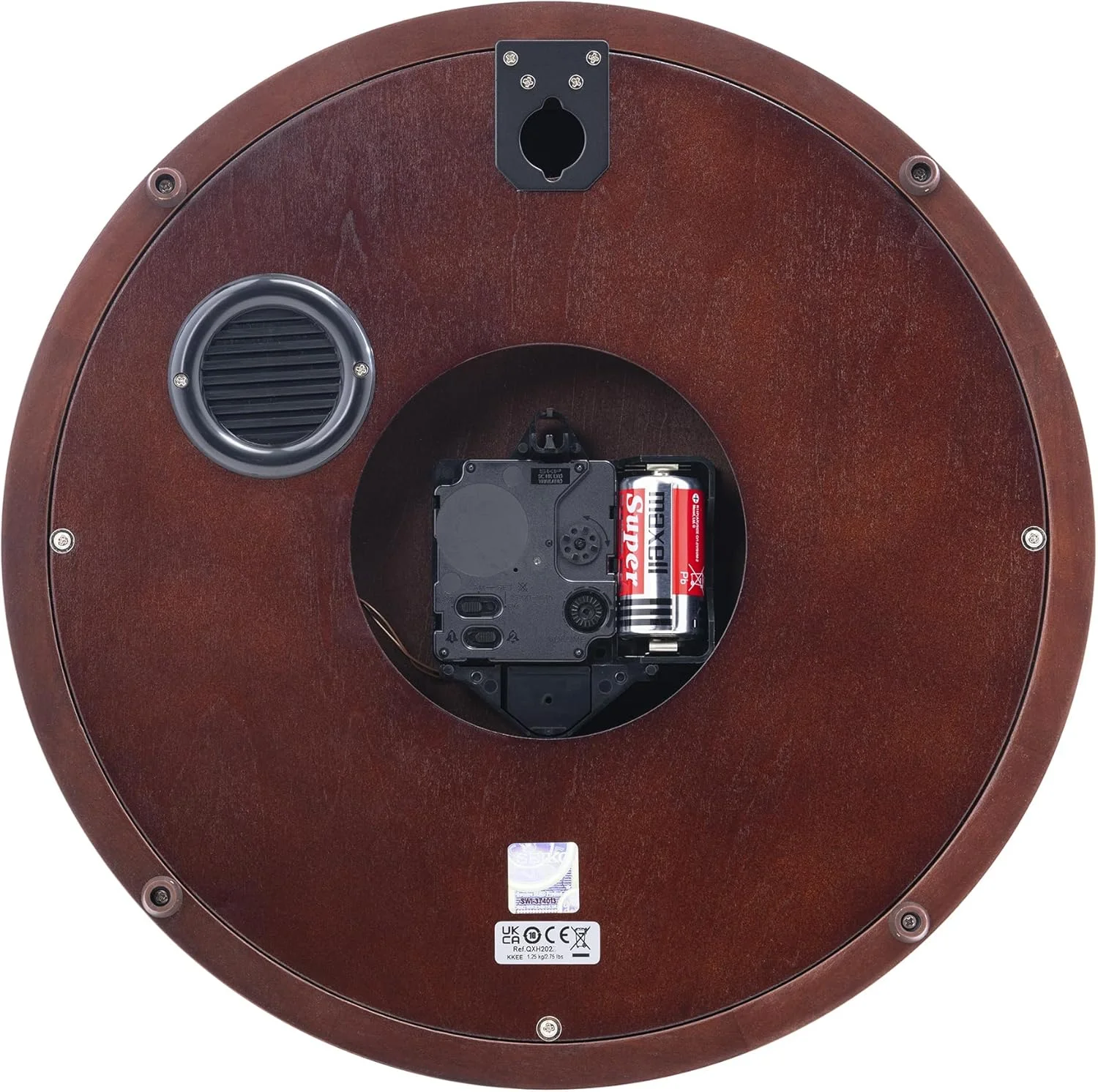 ساعت دیواری چوبی آنالوگ قهوه ای SEIKO با اعداد رومی گرد، زنگ های ساعتی و موسیقی (اندازه: 31.4 x 6.1 x 31.4 سانتی متر | وزن: 1250 گرم) مدل QXH202BN