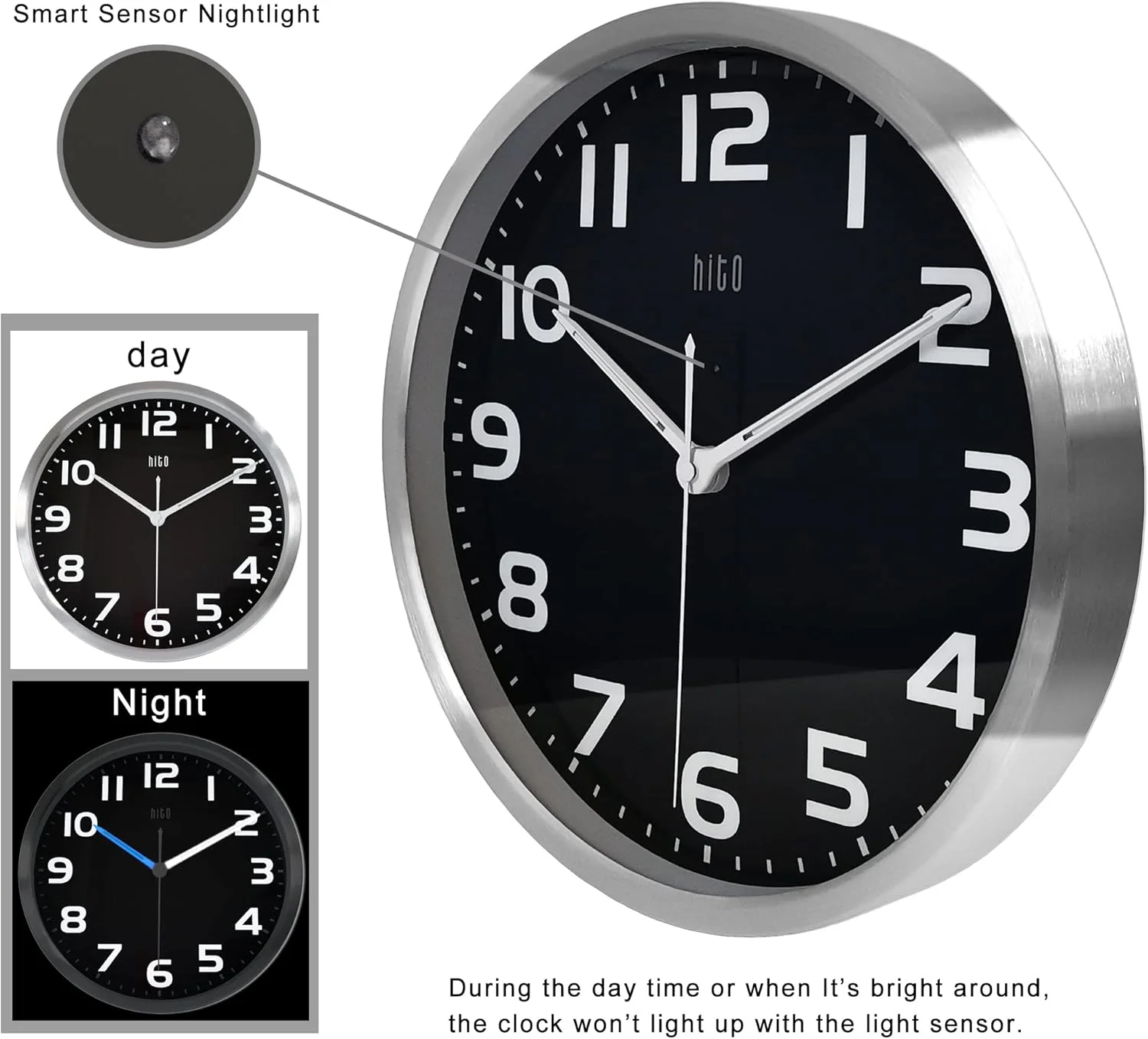 ساعت دیواری شب نما HITO با قطر 12 اینچ، مناسب اتاق خواب، بی صدا، با باتری، برای دکوراسیون اتاق نشیمن، روشنایی قابل تنظیم، قاب فلزی، پوشش شیشه ای (عقربه ها + اعداد روشن می شوند)