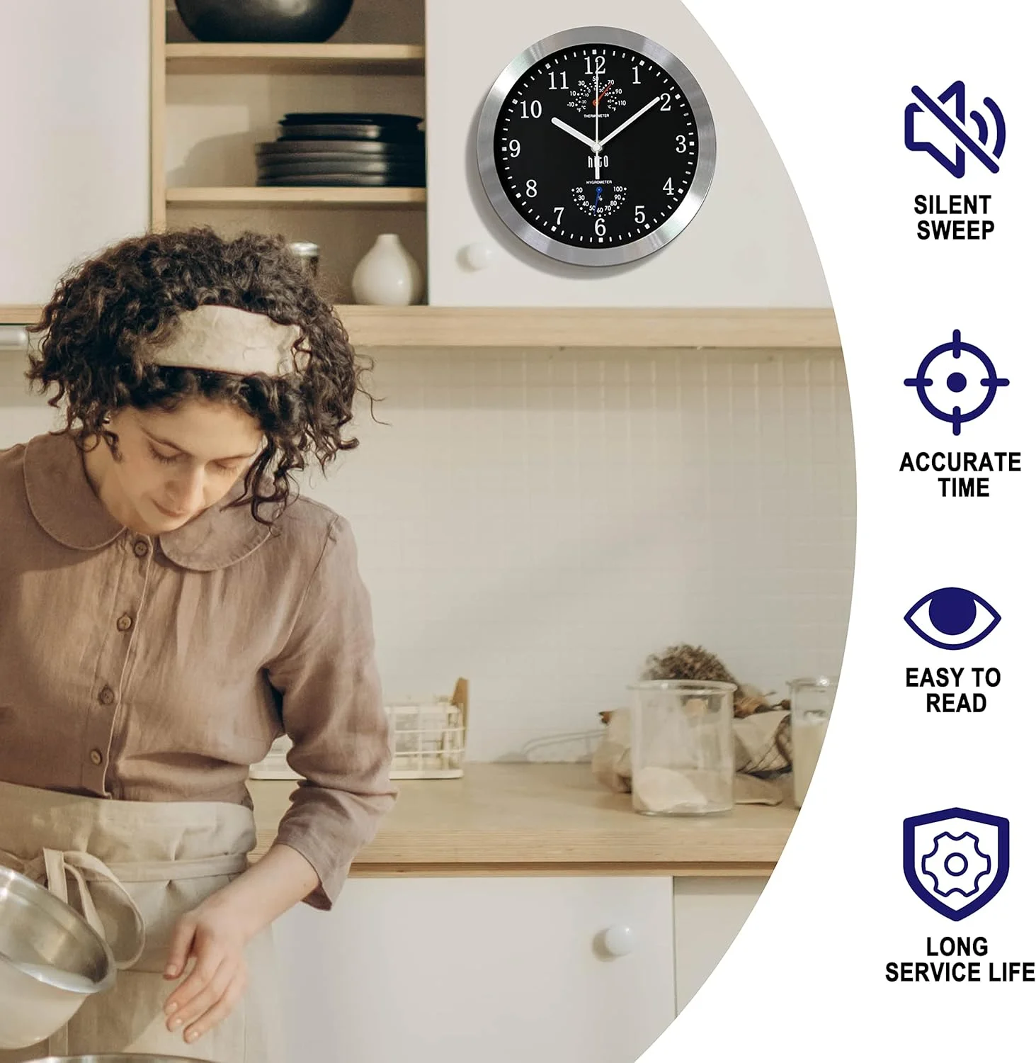 ساعت دیواری بی صدای 10 اینچی HITO، با باتری کار می کند، حرکت جارویی بدون تیک تاک، پوشش شیشه ای، قاب آلومینیومی نقره ای، برای آشپزخانه، اتاق خواب، دفتر کار خانگی، دکوراسیون اتاق نشیمن (مشکی)