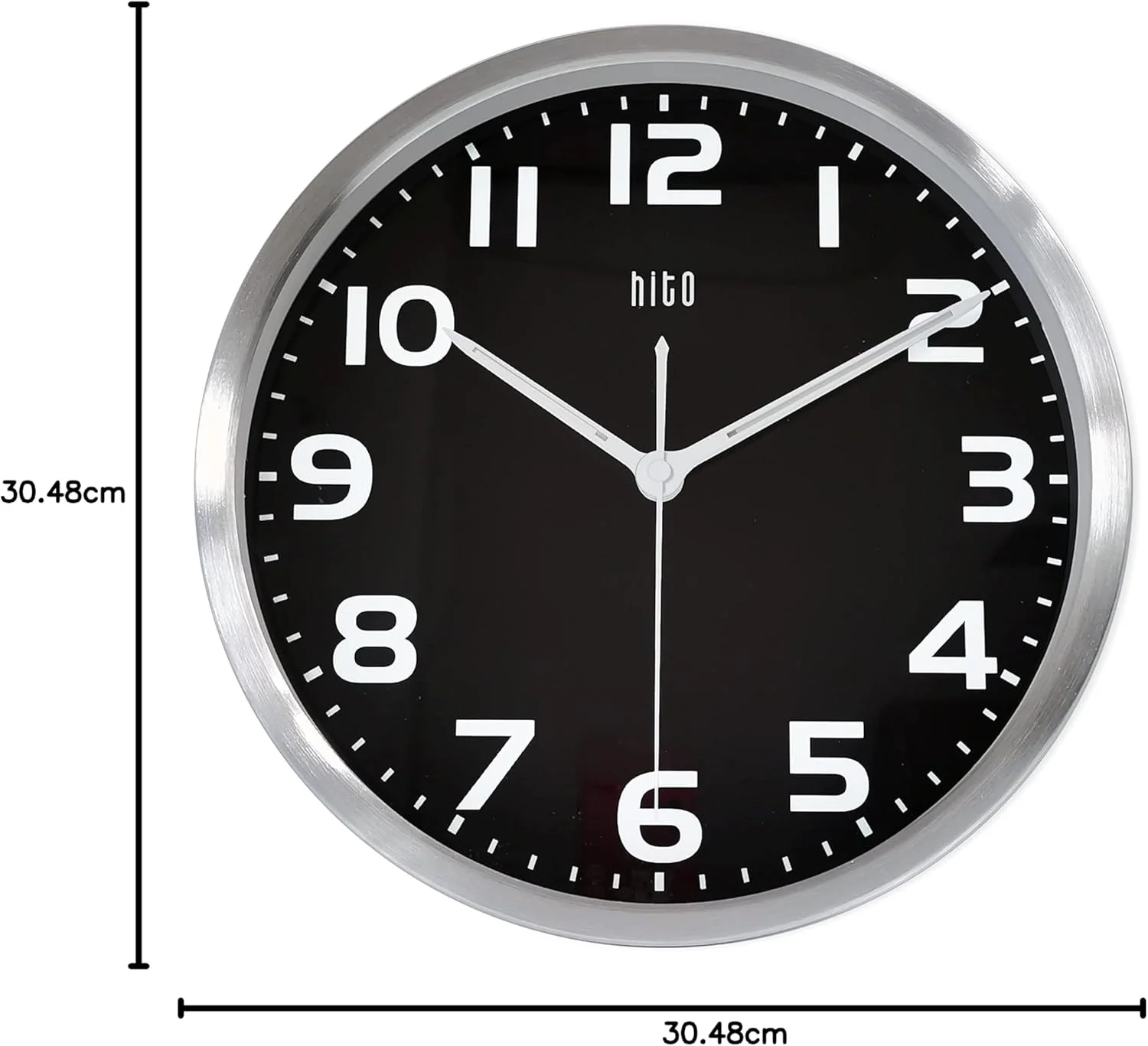 ساعت دیواری شب نما HITO با قطر 12 اینچ، مناسب اتاق خواب، بی صدا، با باتری، برای دکوراسیون اتاق نشیمن، روشنایی قابل تنظیم، قاب فلزی، پوشش شیشه ای (عقربه ها + اعداد روشن می شوند)