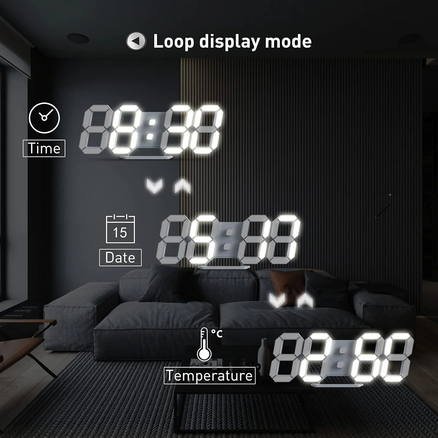 ساعت دیواری دیجیتال LED سه بعدی KASTWAVE، ساعت زنگ دار رومیزی، دکوری، کارکرد آسان، بی صدا، نمایش دما، نور شب با دیمر خودکار برای اتاق/دفتر/اتاق خواب/آشپزخانه/مدرسه (سفید سرد)