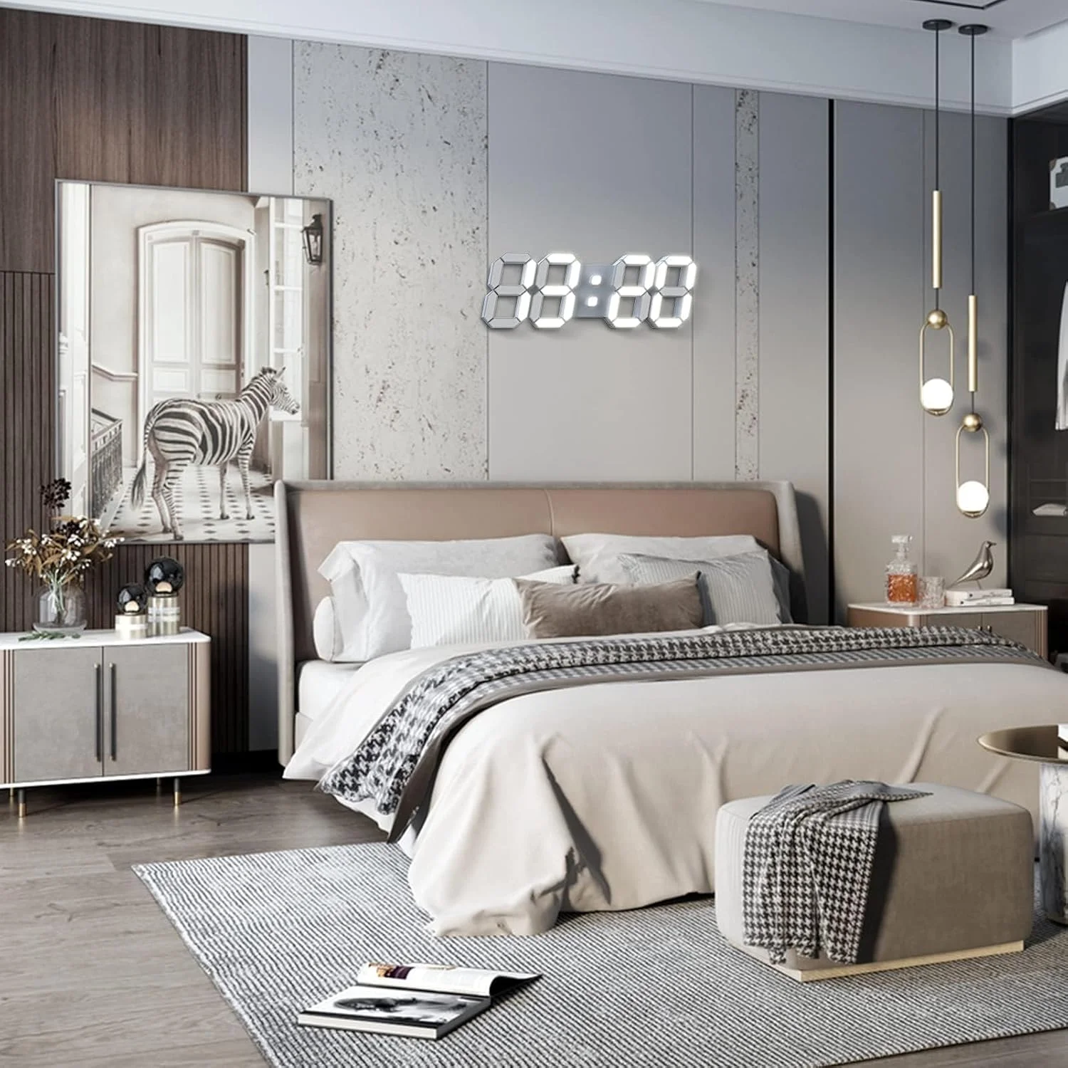 ساعت دیواری دیجیتال LED سه بعدی KASTWAVE، ساعت زنگ دار رومیزی، دکوری، کارکرد آسان، بی صدا، نمایش دما، نور شب با دیمر خودکار برای اتاق/دفتر/اتاق خواب/آشپزخانه/مدرسه (سفید سرد)