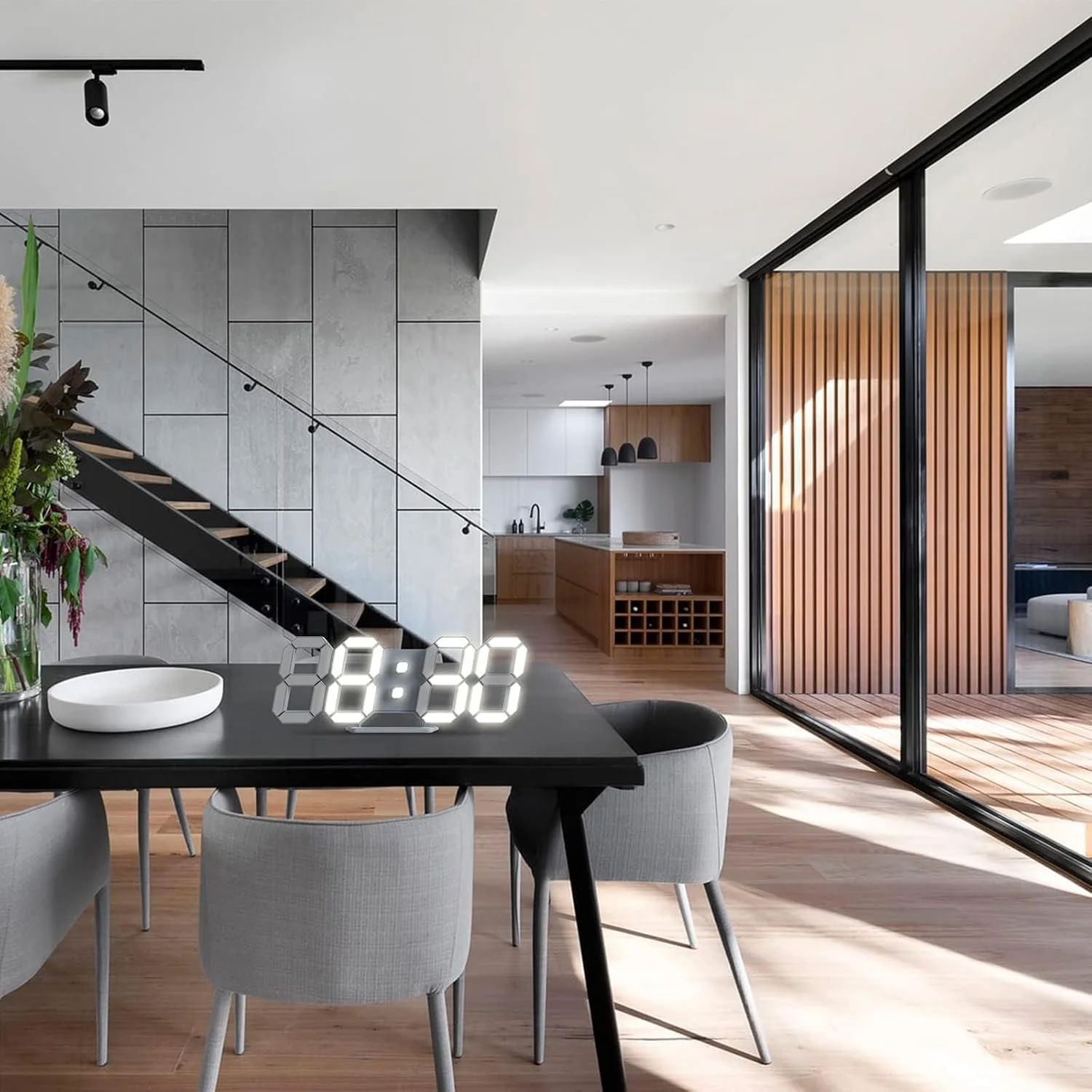 ساعت دیواری دیجیتال LED سه بعدی KASTWAVE، ساعت زنگ دار رومیزی، دکوری، کارکرد آسان، بی صدا، نمایش دما، نور شب با دیمر خودکار برای اتاق/دفتر/اتاق خواب/آشپزخانه/مدرسه (سفید سرد)