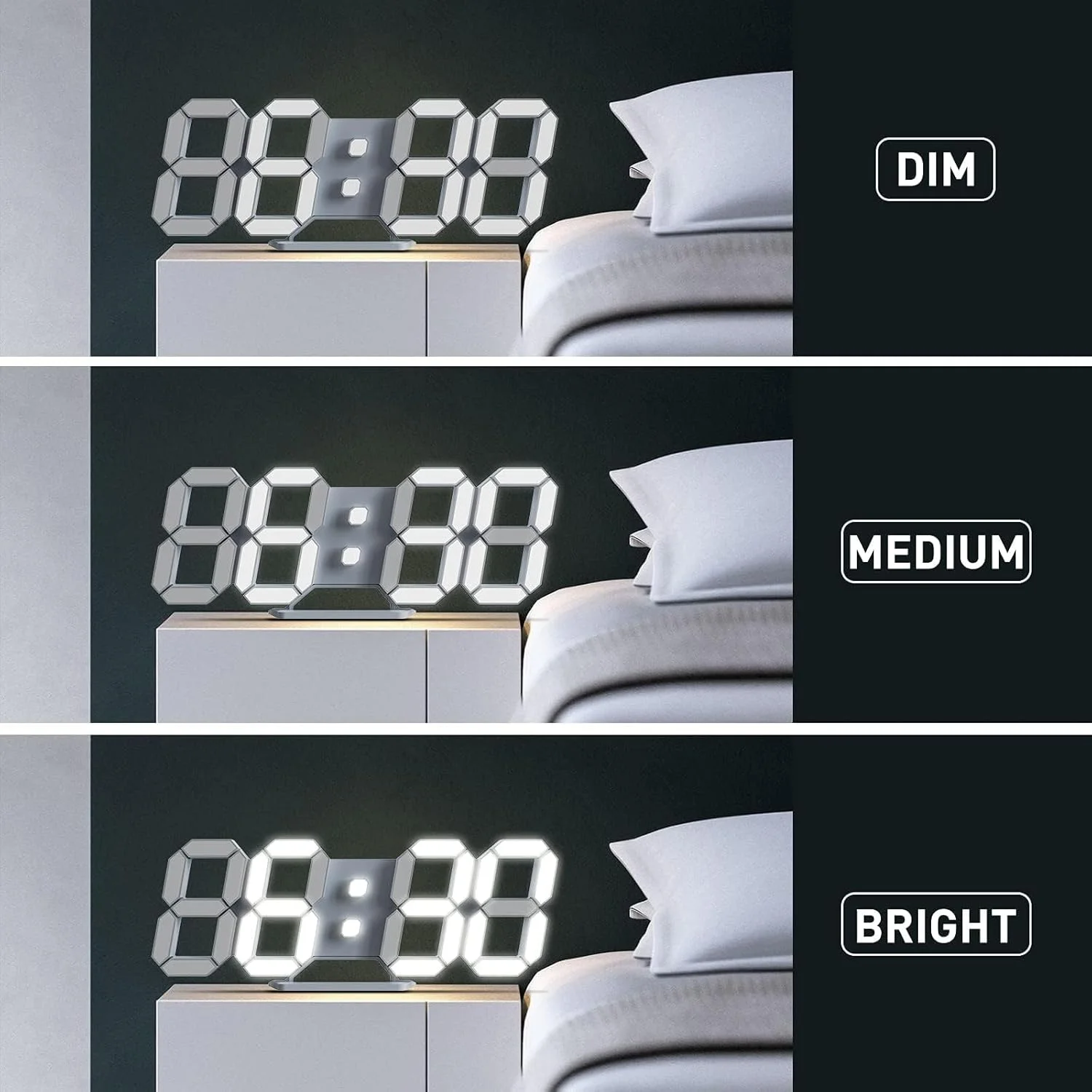 ساعت دیواری دیجیتال LED سه بعدی KASTWAVE، ساعت زنگ دار رومیزی، دکوری، کارکرد آسان، بی صدا، نمایش دما، نور شب با دیمر خودکار برای اتاق/دفتر/اتاق خواب/آشپزخانه/مدرسه (سفید سرد)