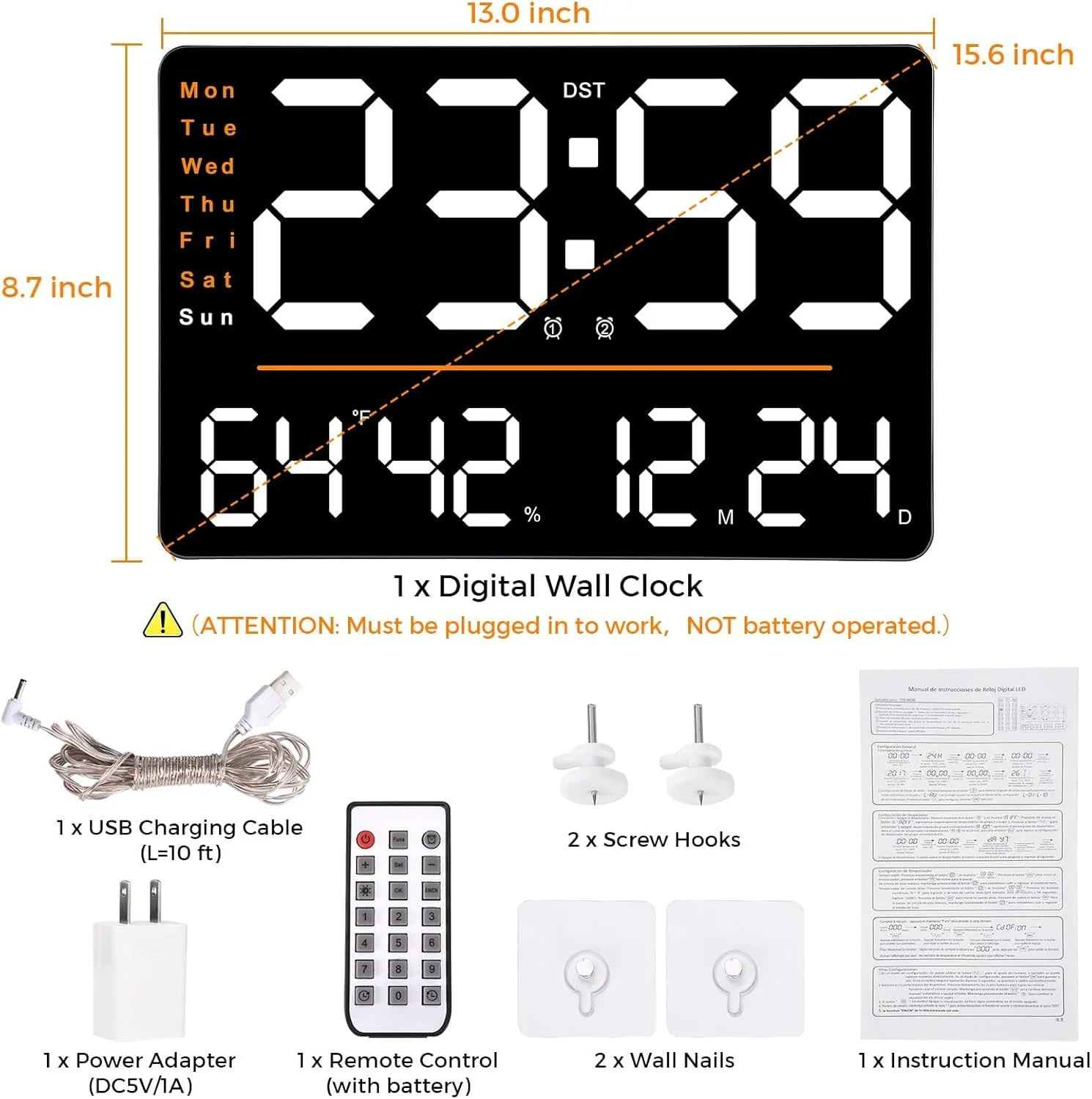 ساعت دیواری دیجیتال بزرگ KASTWAVE، با کنترل از راه دور، ساعت دیواری LED با صفحه نمایش بزرگ 15.6 اینچی، با نمایش روز/تاریخ/دما/رطوبت، کم نور شدن خودکار، تایمر، برای دکوراسیون اتاق نشیمن/باشگاه ورزشی/فروشگاه/انبار/دفتر ساعت دیواری دیجیتال بزرگ KASTWAVE، با کنترل از راه دور، ساعت دیواری LED با صفحه نمایش بزرگ 15.6 اینچی، با نمایش روز/تاریخ/دما/رطوبت، کم نور شدن خودکار، تایمر، برای دکوراسیون اتاق نشیمن/باشگاه ورزشی/فروشگاه/انبار/دفتر