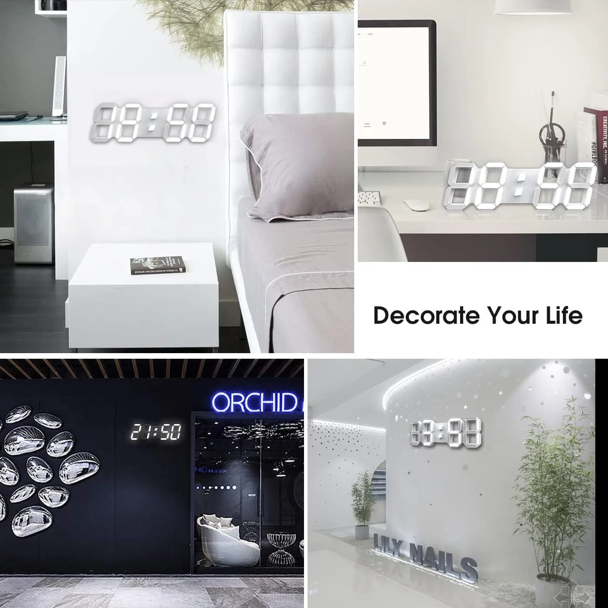 ساعت دیواری دیجیتال LED سه بعدی KASTWAVE، ساعت زنگ دار رومیزی، دکوری، کارکرد آسان، بی صدا، نمایش دما، نور شب با دیمر خودکار برای اتاق/دفتر/اتاق خواب/آشپزخانه/مدرسه (سفید سرد)