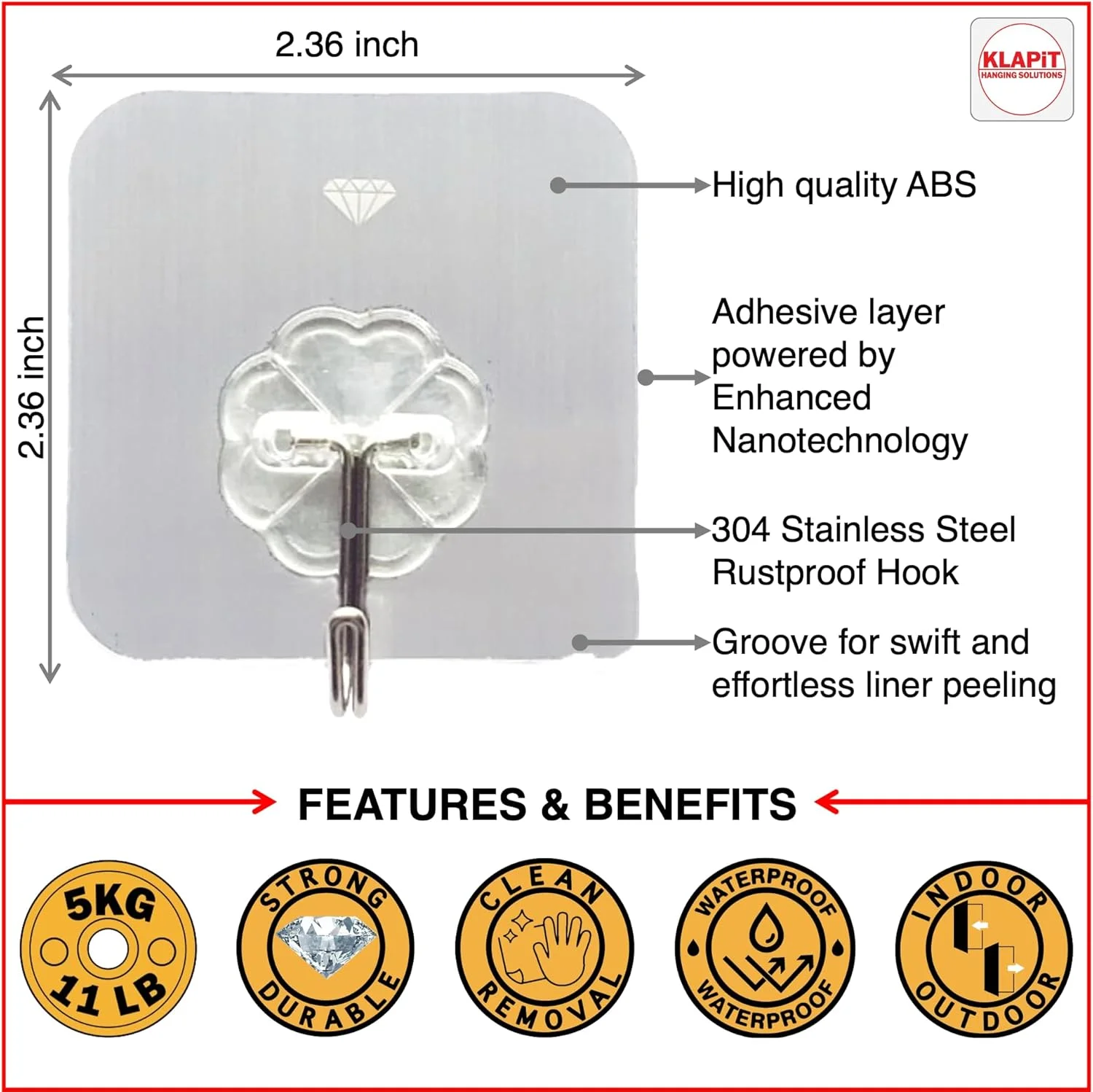 چسب فوق العاده قوی KLAPiT، تحمل وزن 5 کیلوگرم، ضد آب و بدون آسیب به دیوار، کاشی، چوب، سنگ، شیشه، فلز، ساخته شده از فولاد (شفاف، 4 عدد)