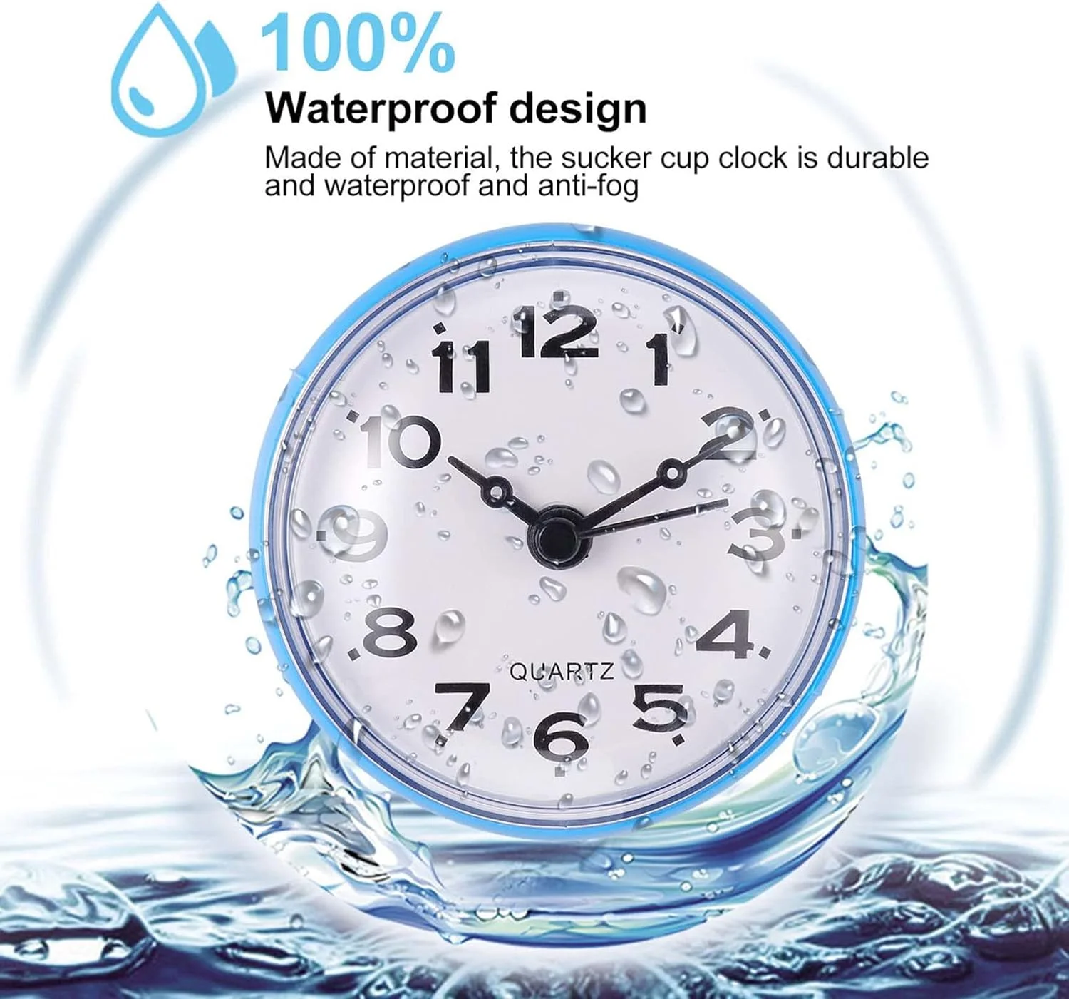 ساعت ضد آب حمام KASTWAVE - ساعت دیواری حمام با مکنده، بدون صدای تیک تاک برای دستشویی/توالت/حمام/اتاق خواب