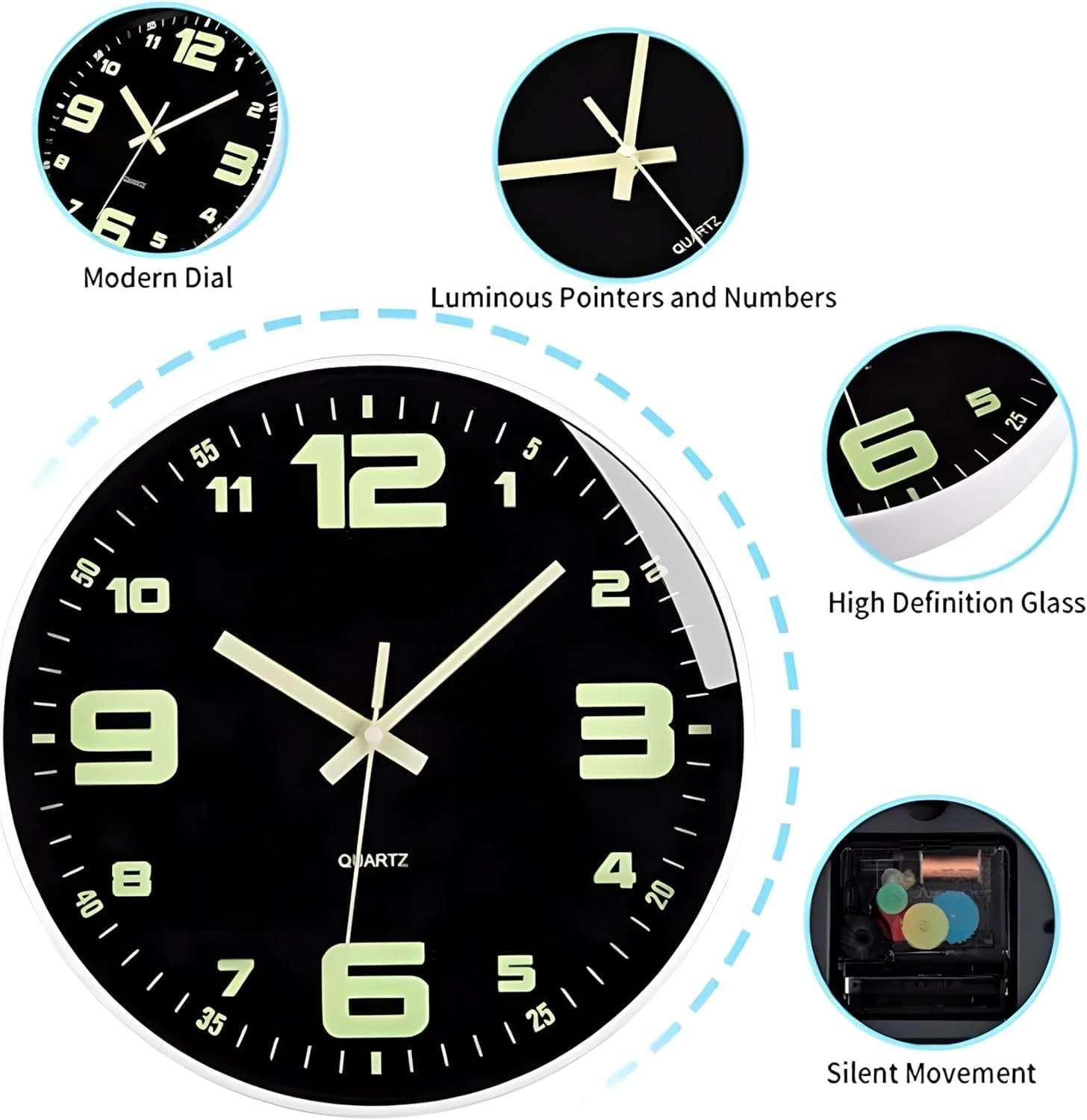 ساعت دیواری شب تاب X Spring، 30 سانتی متری، بی صدا و بدون تیک تاک با قابلیت درخشش در تاریکی، ساعت دیواری با باتری برای اتاق خواب و اتاق نشیمن