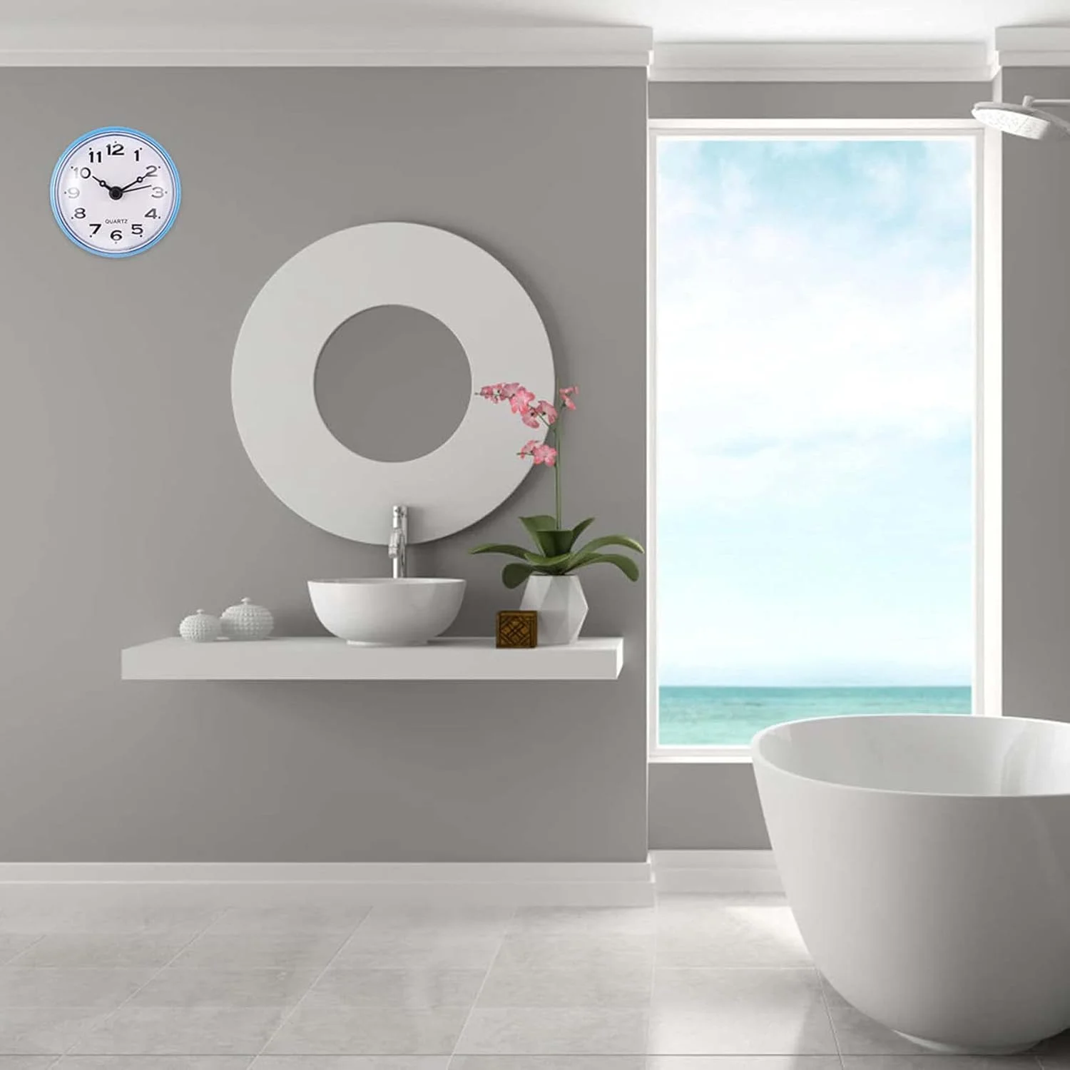 ساعت ضد آب حمام KASTWAVE - ساعت دیواری حمام با مکنده، بدون صدای تیک تاک برای دستشویی/توالت/حمام/اتاق خواب