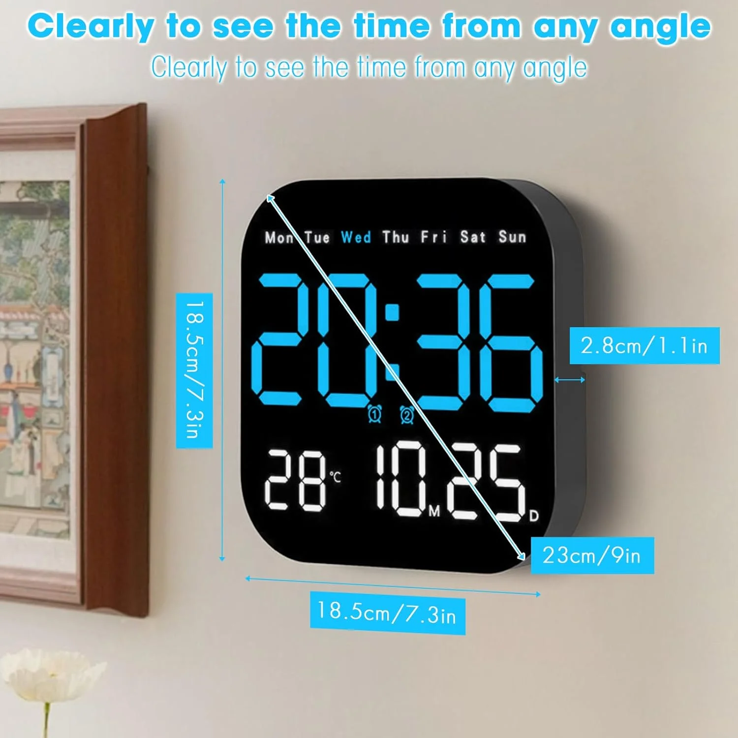 ساعت دیجیتال Necomi، ساعت دیواری بزرگ 9 اینچی، تایمر شمارش معکوس با ریموت، زنگ هشدار، دما، روشنایی قابل تنظیم، 12/24 ساعته، DST برای خانه، دفتر، سالمندان، اتاق خواب، اتاق نشیمن، کلاس درس - ساعة حائط