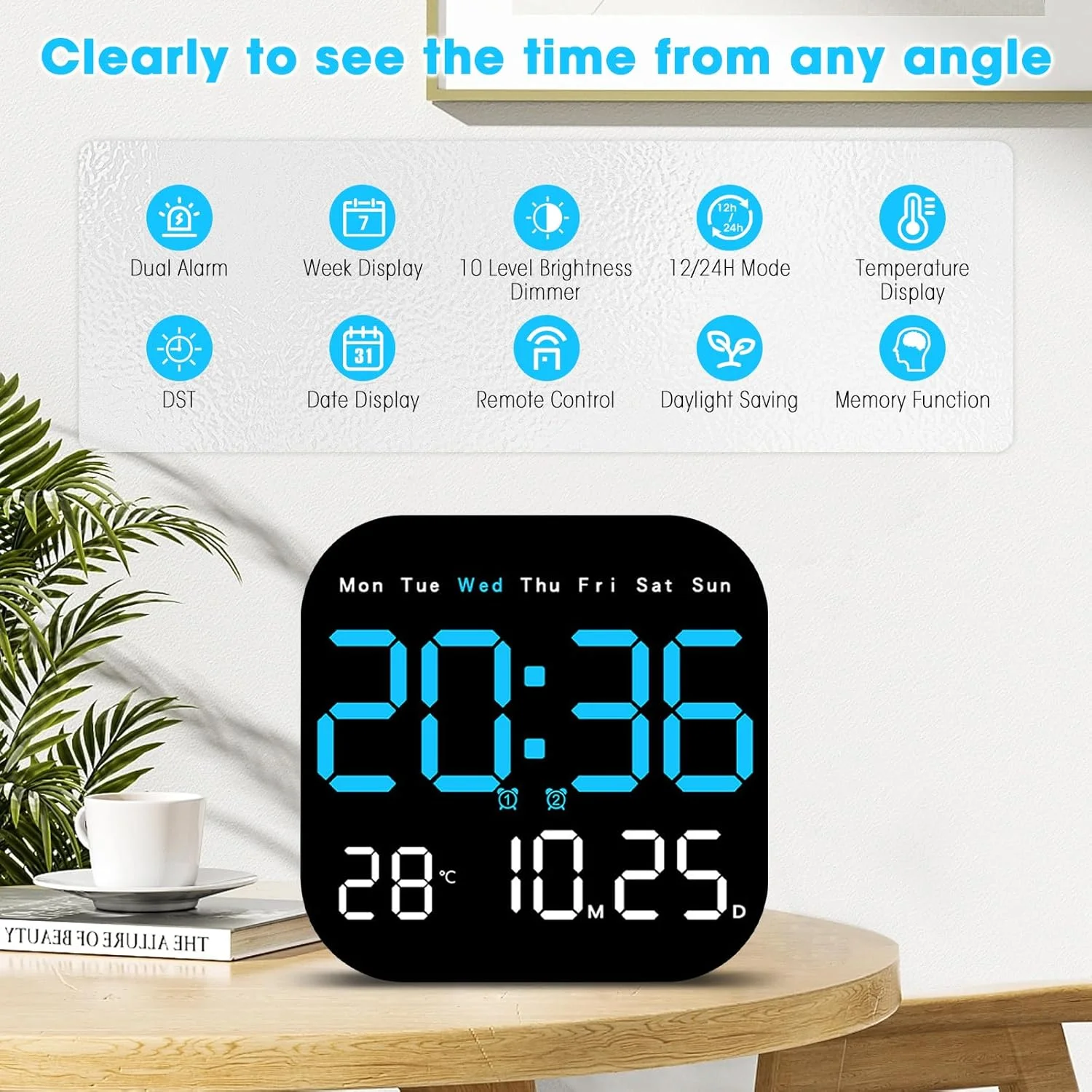 ساعت دیجیتال Necomi، ساعت دیواری بزرگ 9 اینچی، تایمر شمارش معکوس با ریموت، زنگ هشدار، دما، روشنایی قابل تنظیم، 12/24 ساعته، DST برای خانه، دفتر، سالمندان، اتاق خواب، اتاق نشیمن، کلاس درس - ساعة حائط