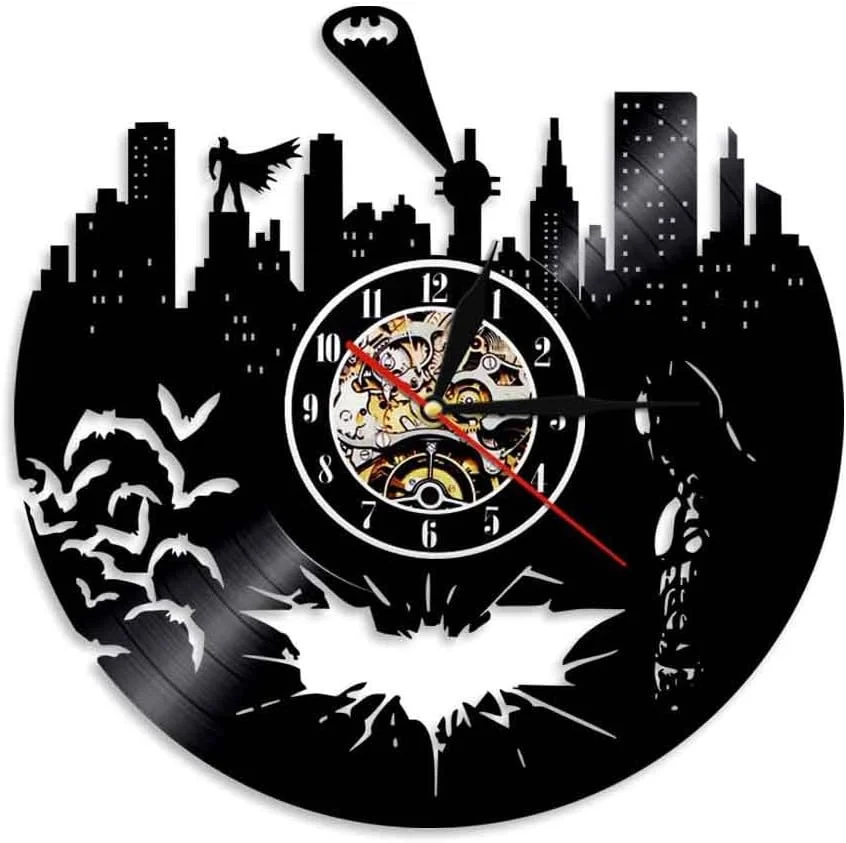 ساعت دیواری روبیک 12 اینچی، ساعت بزرگ گرد تزئینی وینیل شهر بتمن برای دکوراسیون اتاق نشیمن، آشپزخانه، اتاق خواب، دفتر کار - مشکی