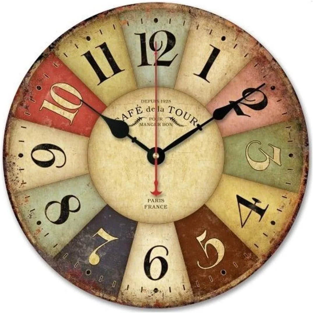 ساعت دیواری چوبی رترو 12 اینچی روبیک، دکوراسیون خانه روستایی، ساعت دیواری بزرگ تزئینی بدون صدا - با باتری کار می کند - سبک عتیقه، وینتیج، روستایی، رنگارنگ توسکانی - پاریس