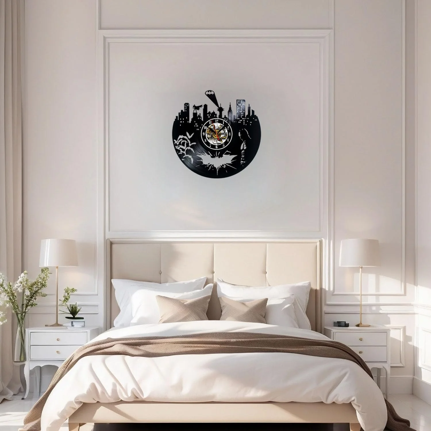 ساعت دیواری روبیک 12 اینچی، ساعت بزرگ گرد تزئینی وینیل شهر بتمن برای دکوراسیون اتاق نشیمن، آشپزخانه، اتاق خواب، دفتر کار - مشکی