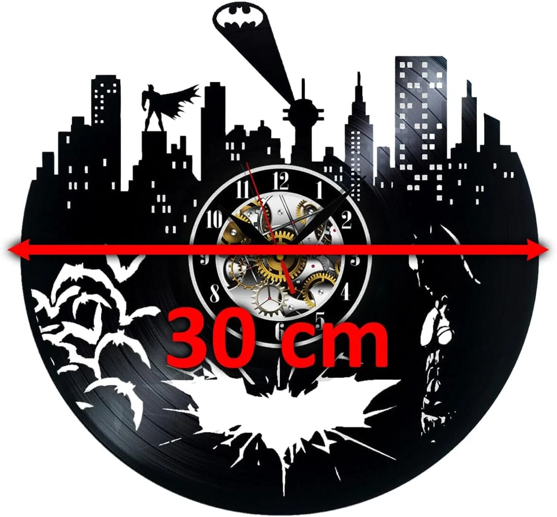 ساعت دیواری روبیک 12 اینچی، ساعت بزرگ گرد تزئینی وینیل شهر بتمن برای دکوراسیون اتاق نشیمن، آشپزخانه، اتاق خواب، دفتر کار - مشکی