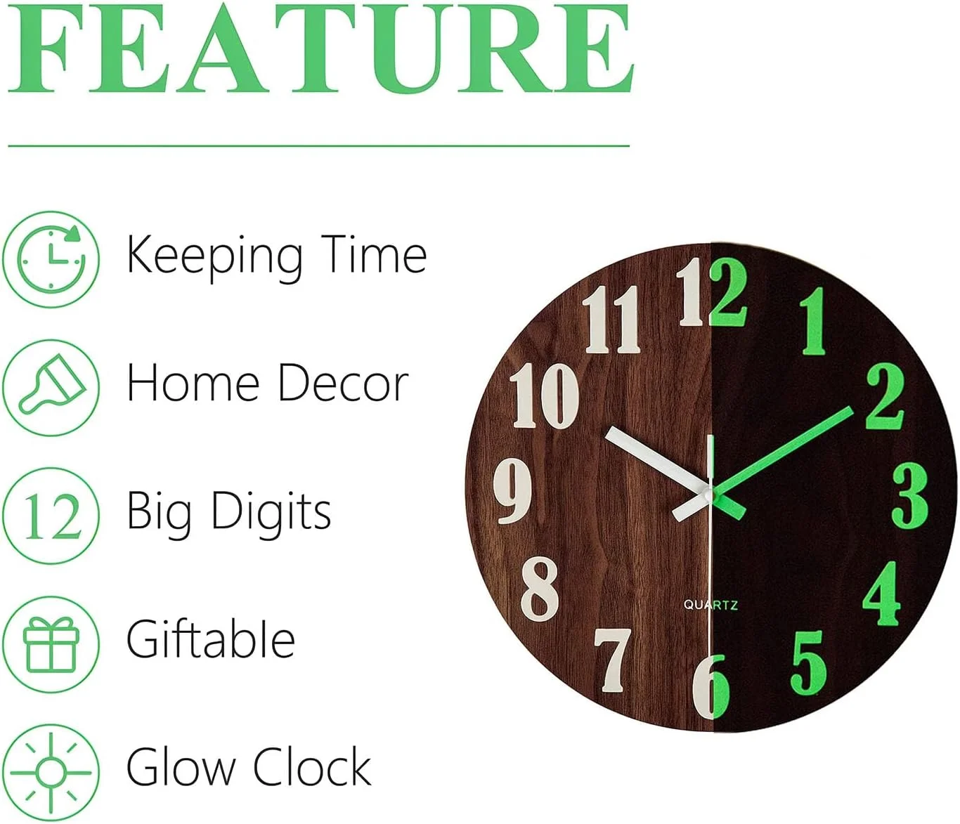 ساعت دیواری شب‌تاب X spring، ساعت دیواری چوبی بی‌صدا، ساعت دیواری بزرگ با اعداد و عقربه‌های شب‌تاب، ساعت دیواری گرد برای اتاق خواب، اتاق نشیمن، کلاس درس، حمام، آشپزخانه