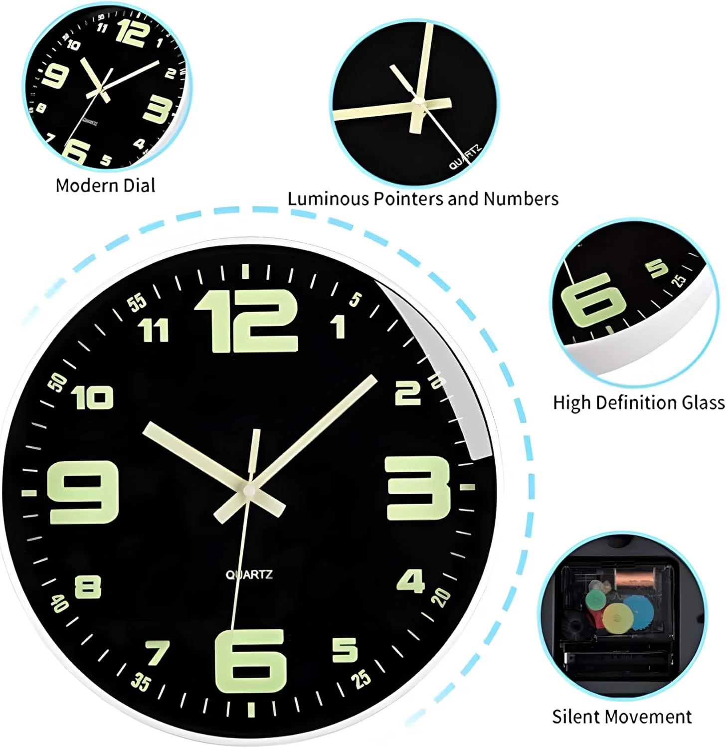 ساعت دیواری شب‌تاب X spring، ساعت دیواری مدرن و بی‌صدا با اعداد و عقربه‌های شب‌تاب بزرگ، ساعت دیواری گرد با باتری، ساعت دیواری برای دفتر، کلاس درس، حمام، آشپزخانه، اتاق خواب
