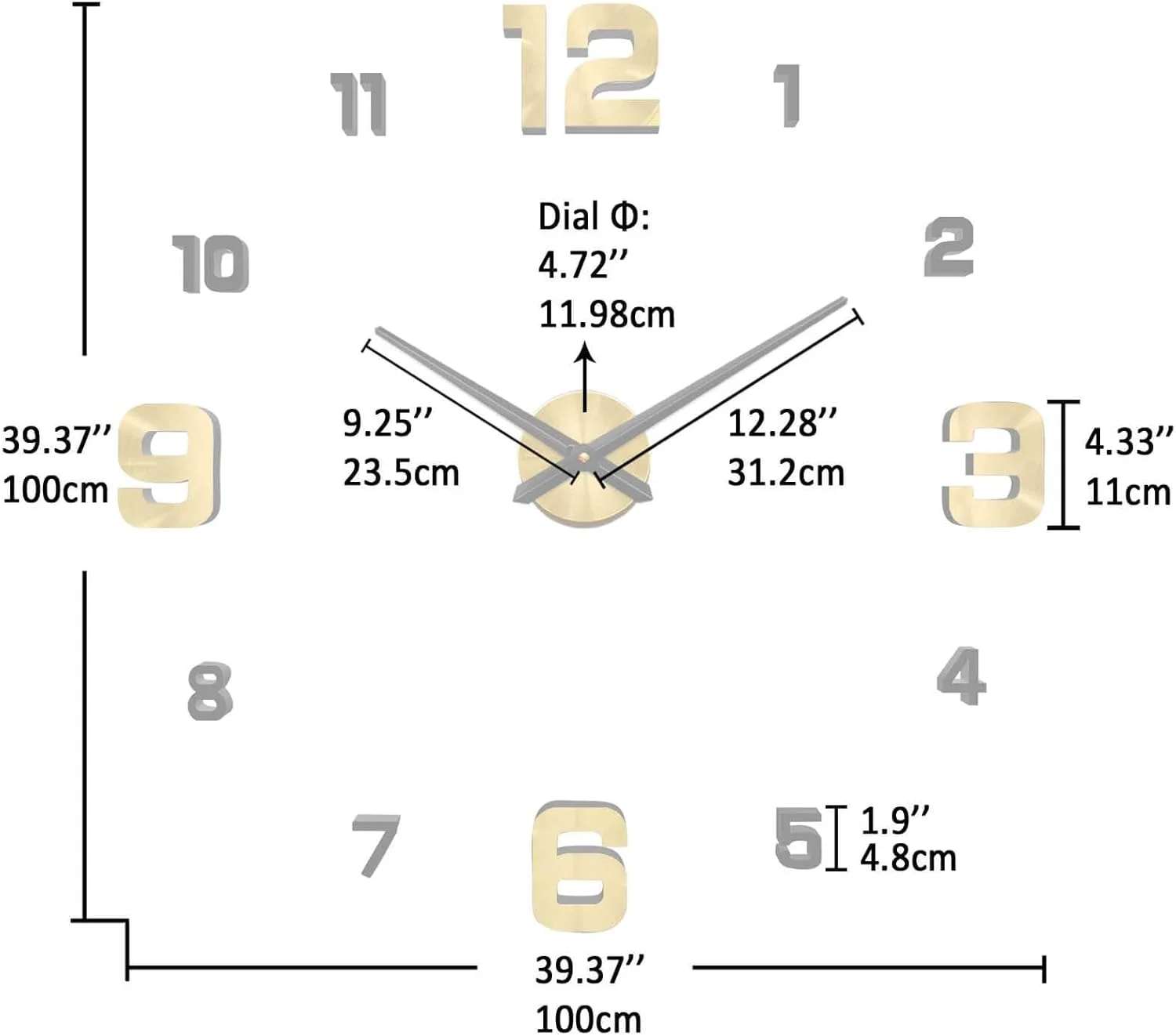 ساعت دیواری بزرگ سه بعدی بی صدا و مدرن Vangold با استیکر برای خانه و دفتر کار (طلایی مشکی)