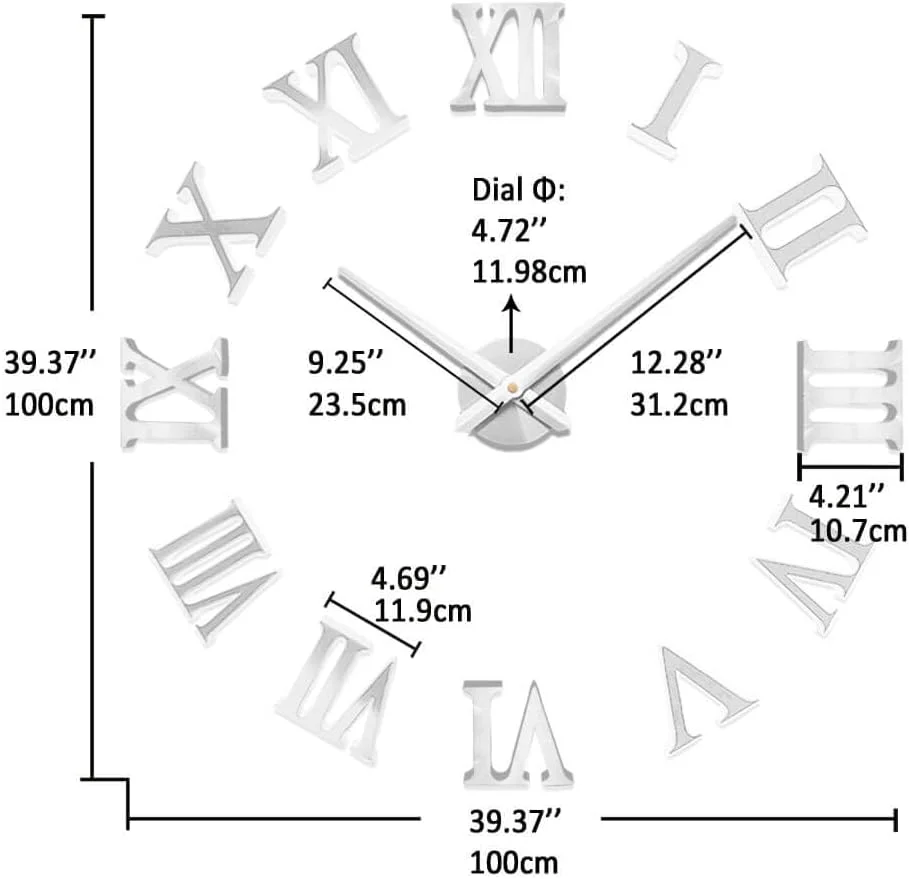 ساعت دیواری بزرگ سه بعدی Vangold با اعداد رومی، ساعت بدون قاب، برچسب دیواری سطح آینه ای، دکوراسیون منزل برای اتاق نشیمن و اتاق خواب (نقره ای)