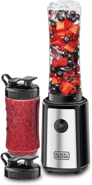 مخلوط کن ورزشی/اسموتی ساز BLACK+DECKER، 300 وات، ست 6 تکه با بطری های ورزشی 500 و 300 میلی لیتری بدون BPA، سرعت توربو 21500 دور در دقیقه، تیغه های فولادی ضد زنگ برای یخ و میوه های یخ زده، مشکی - SBX300-B5