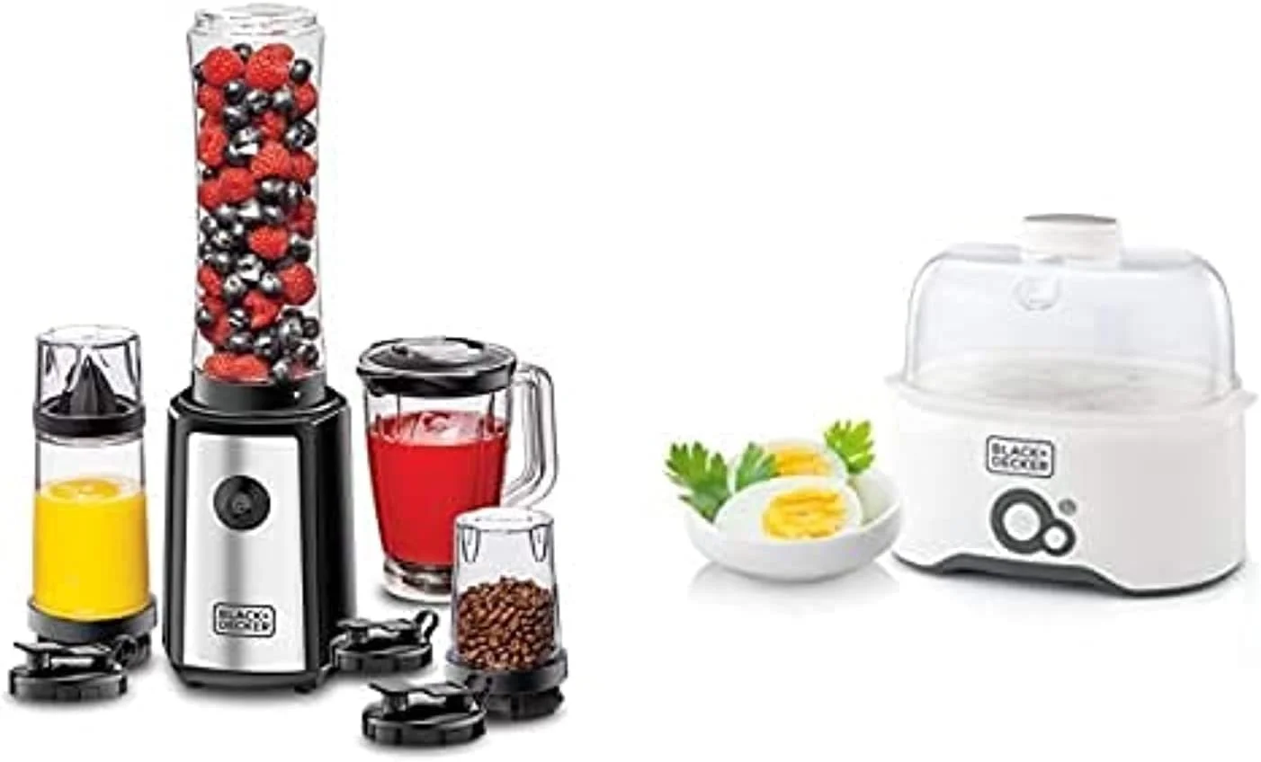 مخلوط کن ورزشی/اسموتی ساز جمع و جور 4 در 1 بلک اند دکر 300 وات 16 تکه با آب مرکبات گیری و آسیاب + تخم مرغ پز 6 تکه
