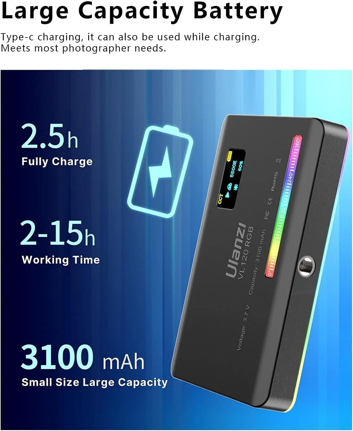 نور ویدئویی LED RGB مدل ULANZI VL120، نور دوربین قابل حمل 360 درجه تمام رنگی، CRI 95+، لامپ پنلی قابل تنظیم 2500-9000K با LCD، نورپردازی DSLR قابل شارژ 3100mAh برای وبلاگ نویسی، عکاسی، کنفرانس ویدیویی نور ویدئویی LED RGB مدل ULANZI VL120، نور دوربین قابل حمل 360 درجه تمام رنگی، CRI 95+، لامپ پنلی قابل تنظیم 2500-9000K با LCD، نورپردازی DSLR قابل شارژ 3100mAh برای وبلاگ نویسی، عکاسی، کنفرانس ویدیویی